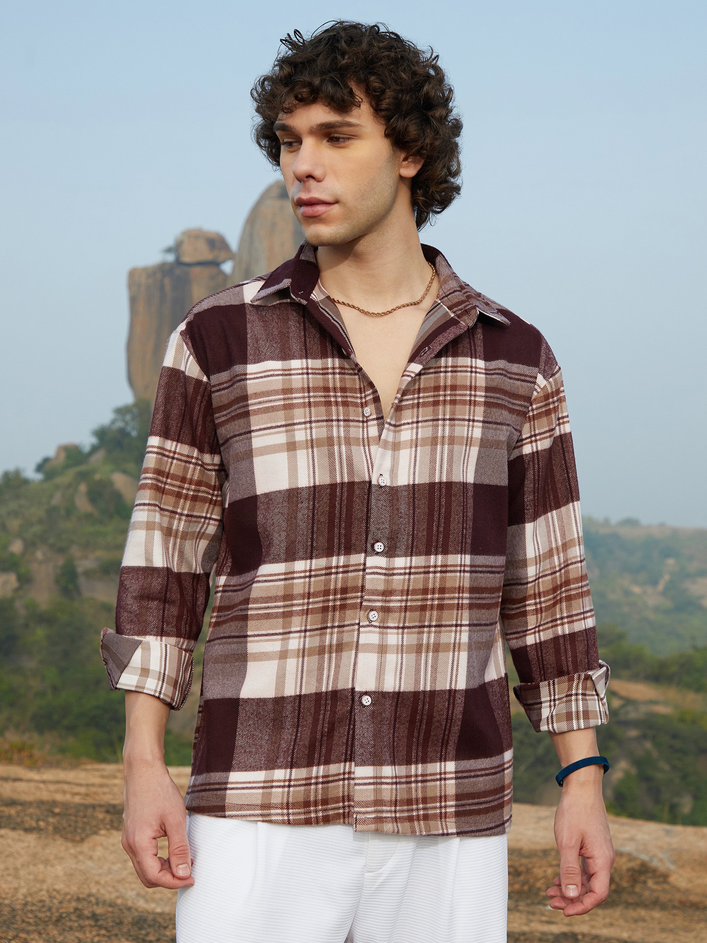 Men Brown Plaid Oversized Shirt
