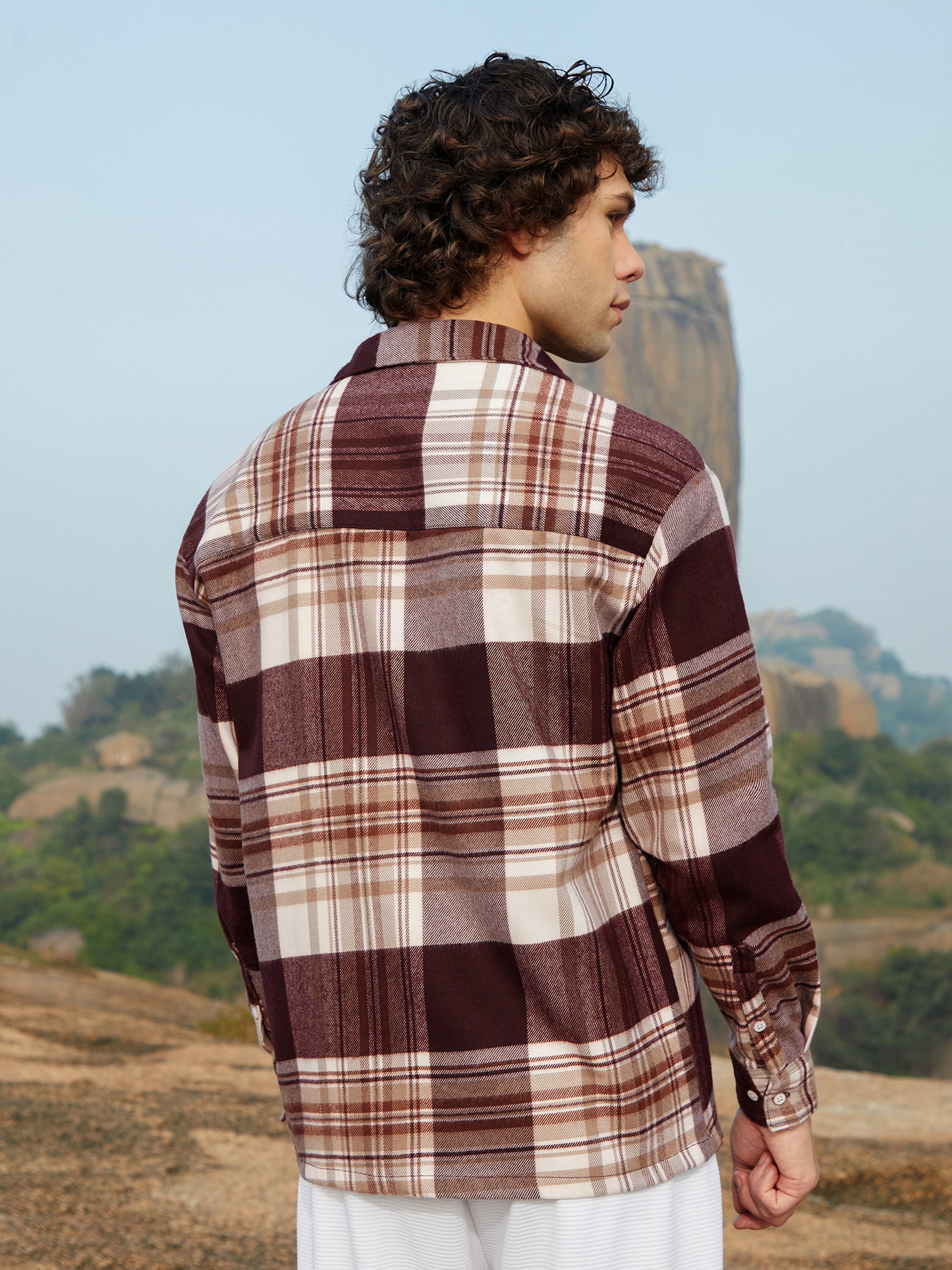 Men Brown Plaid Oversized Shirt