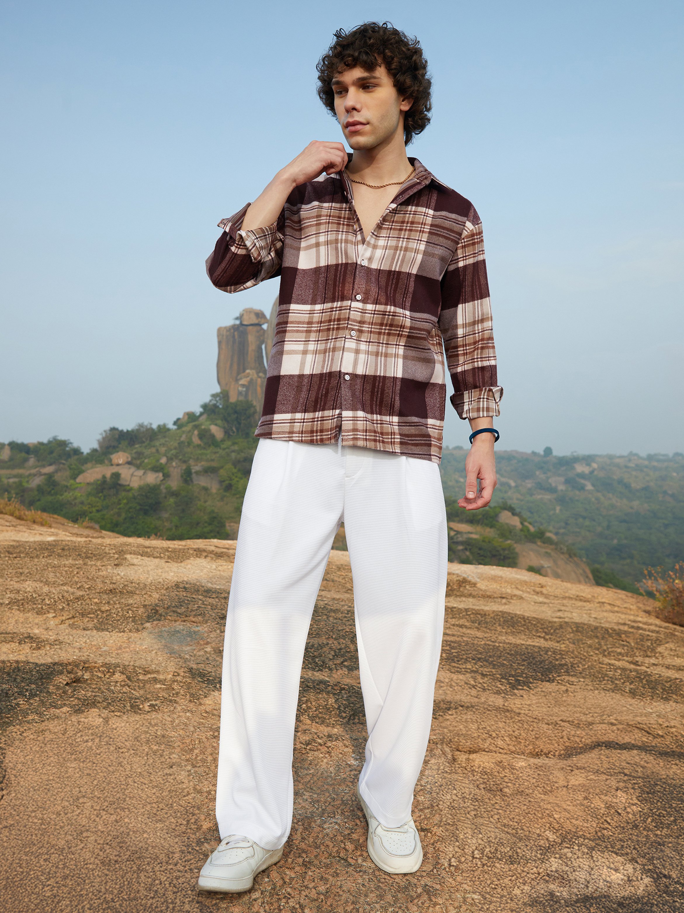 Men Brown Plaid Oversized Shirt