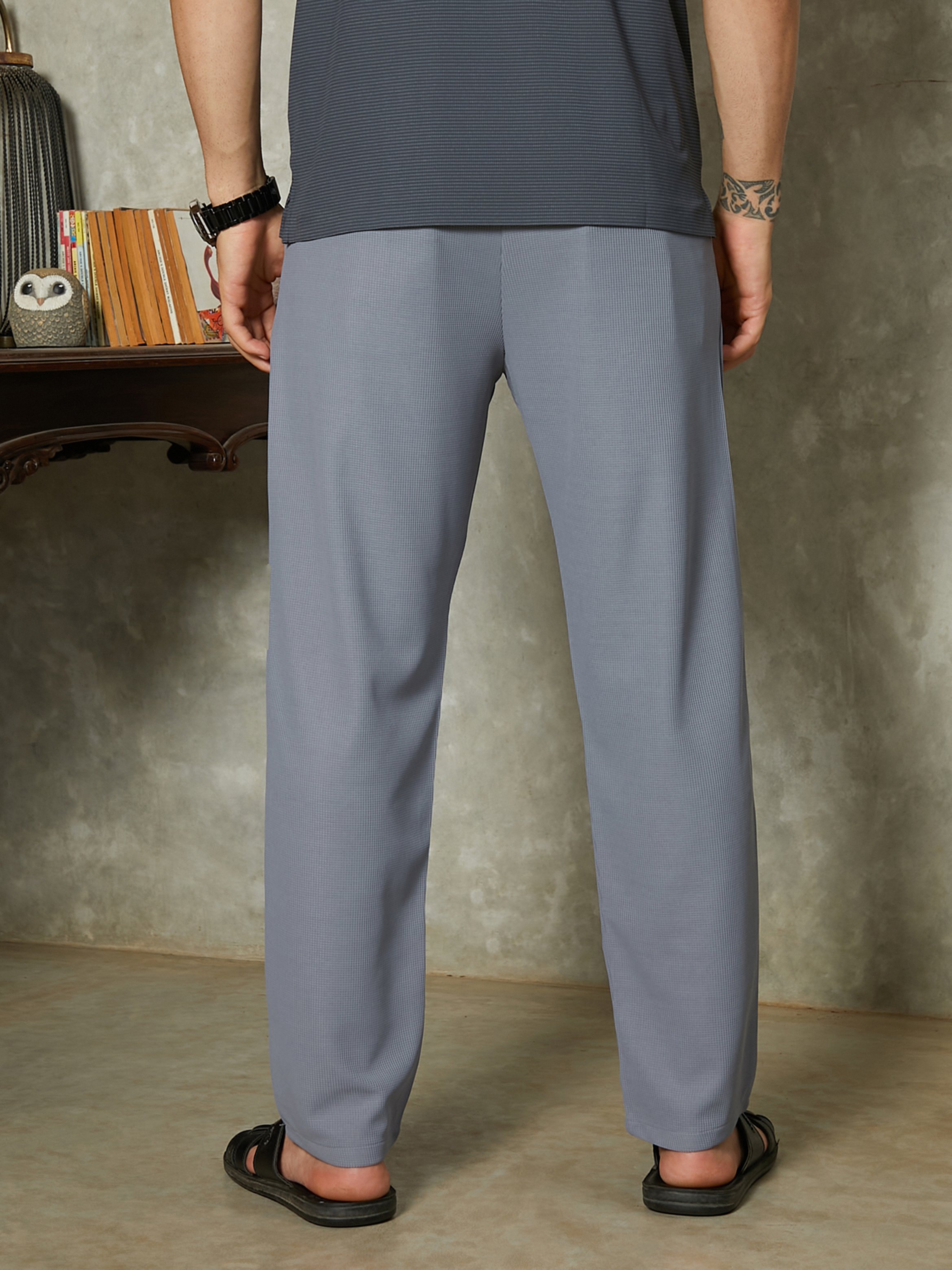 Men Coin Grey Micro-Waffle Chino Trousers