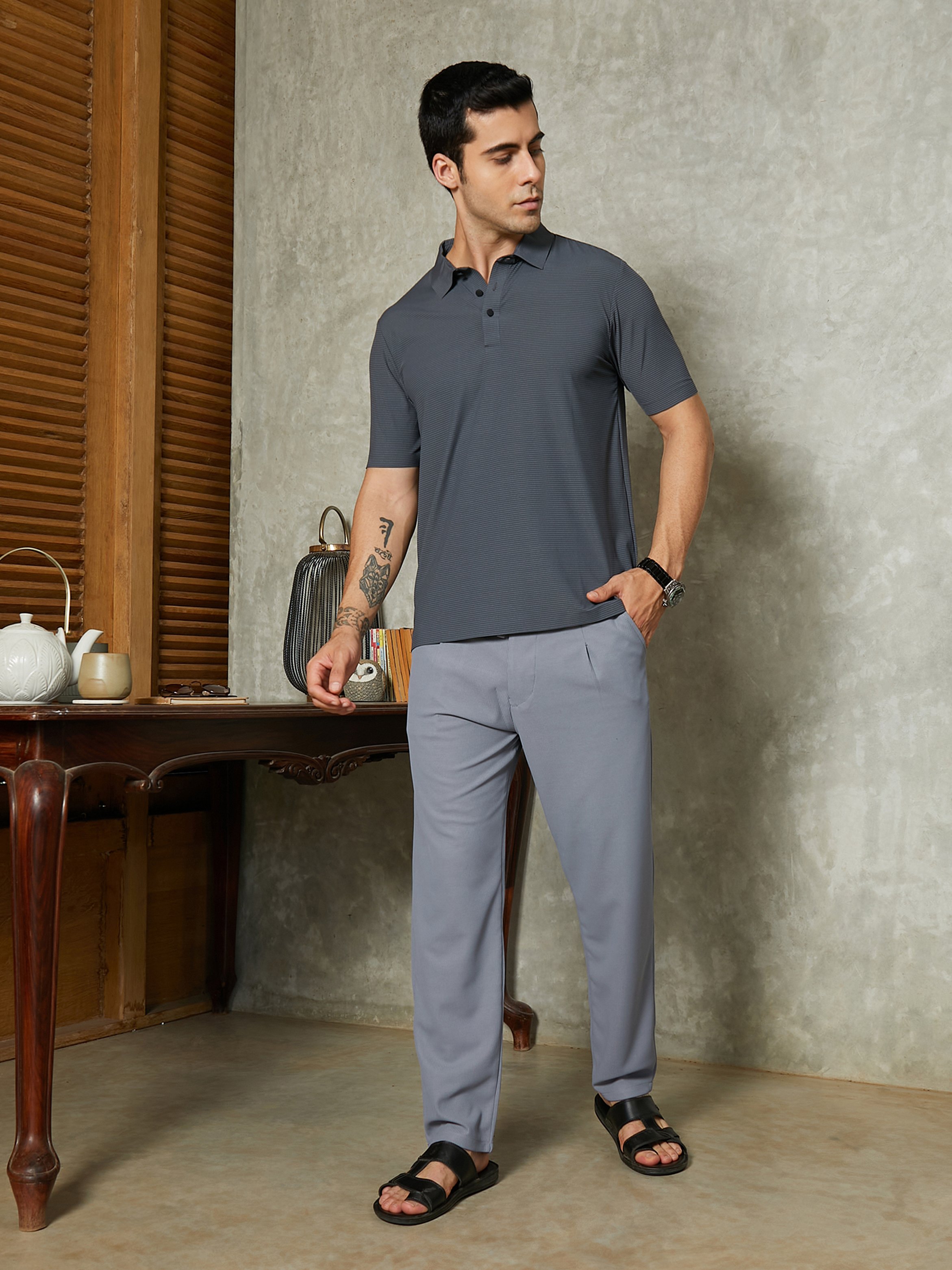 Men Coin Grey Micro-Waffle Chino Trousers