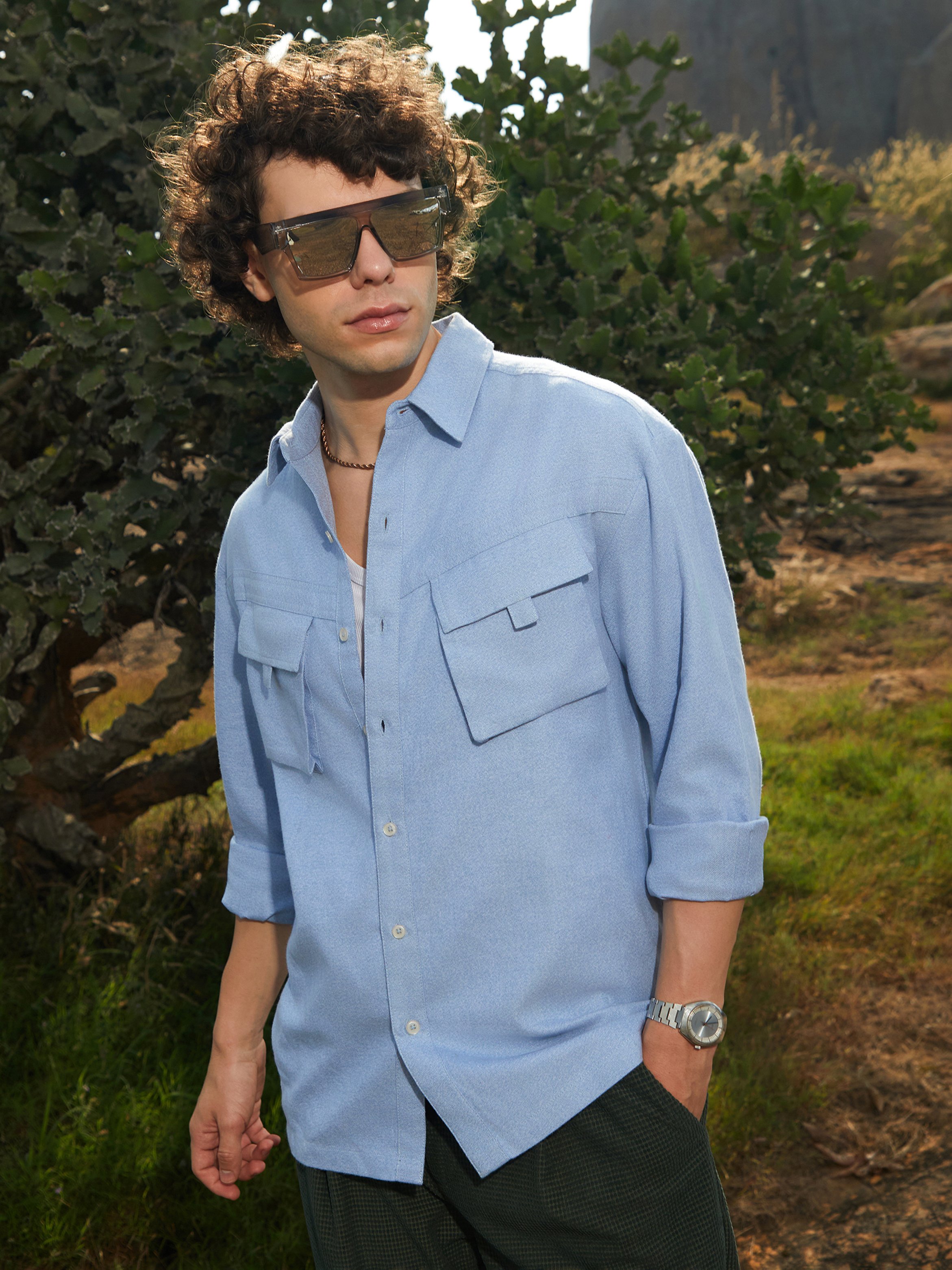 Men Blue Utility Oversized Shirt