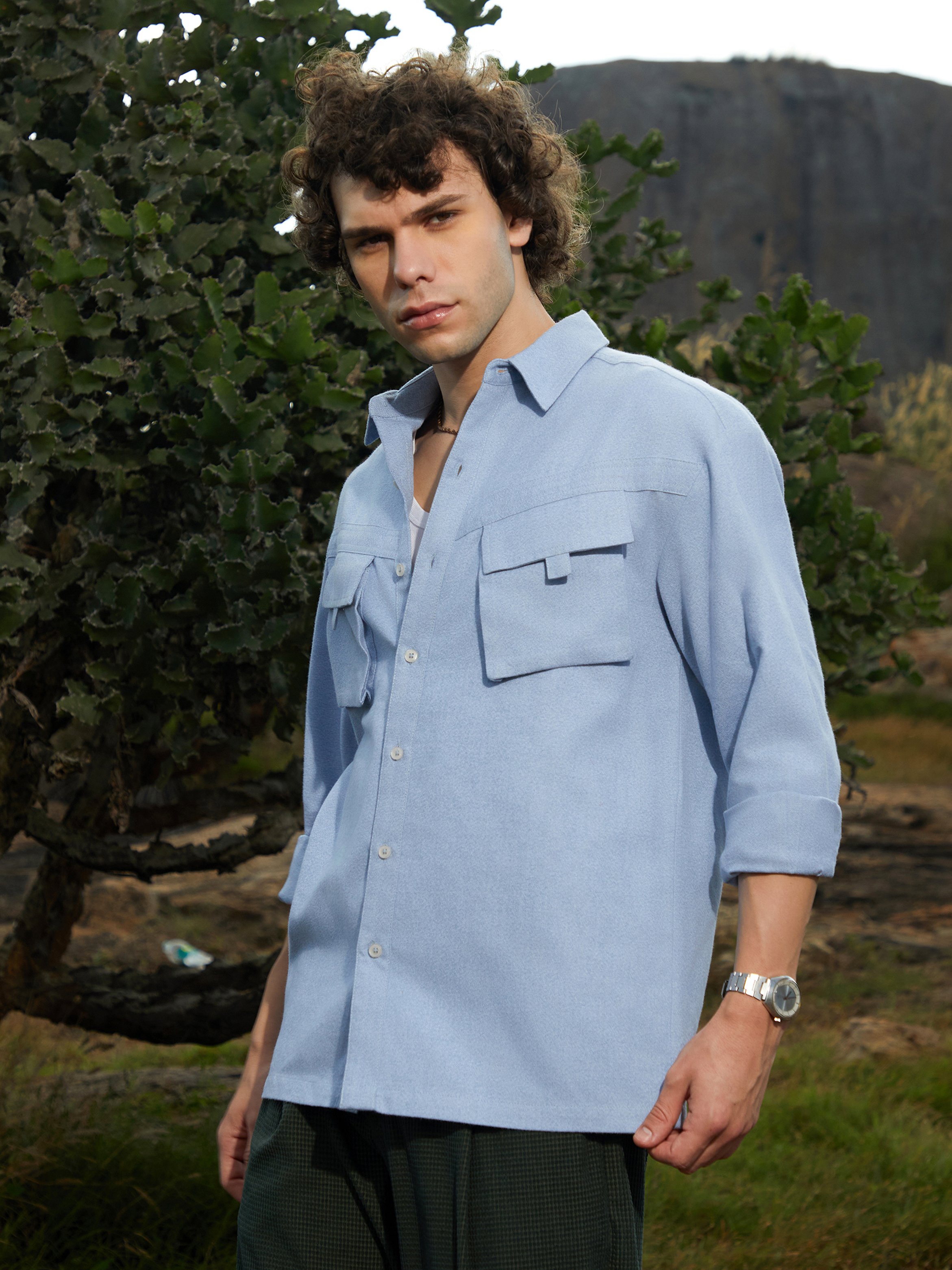 Men Blue Utility Oversized Shirt