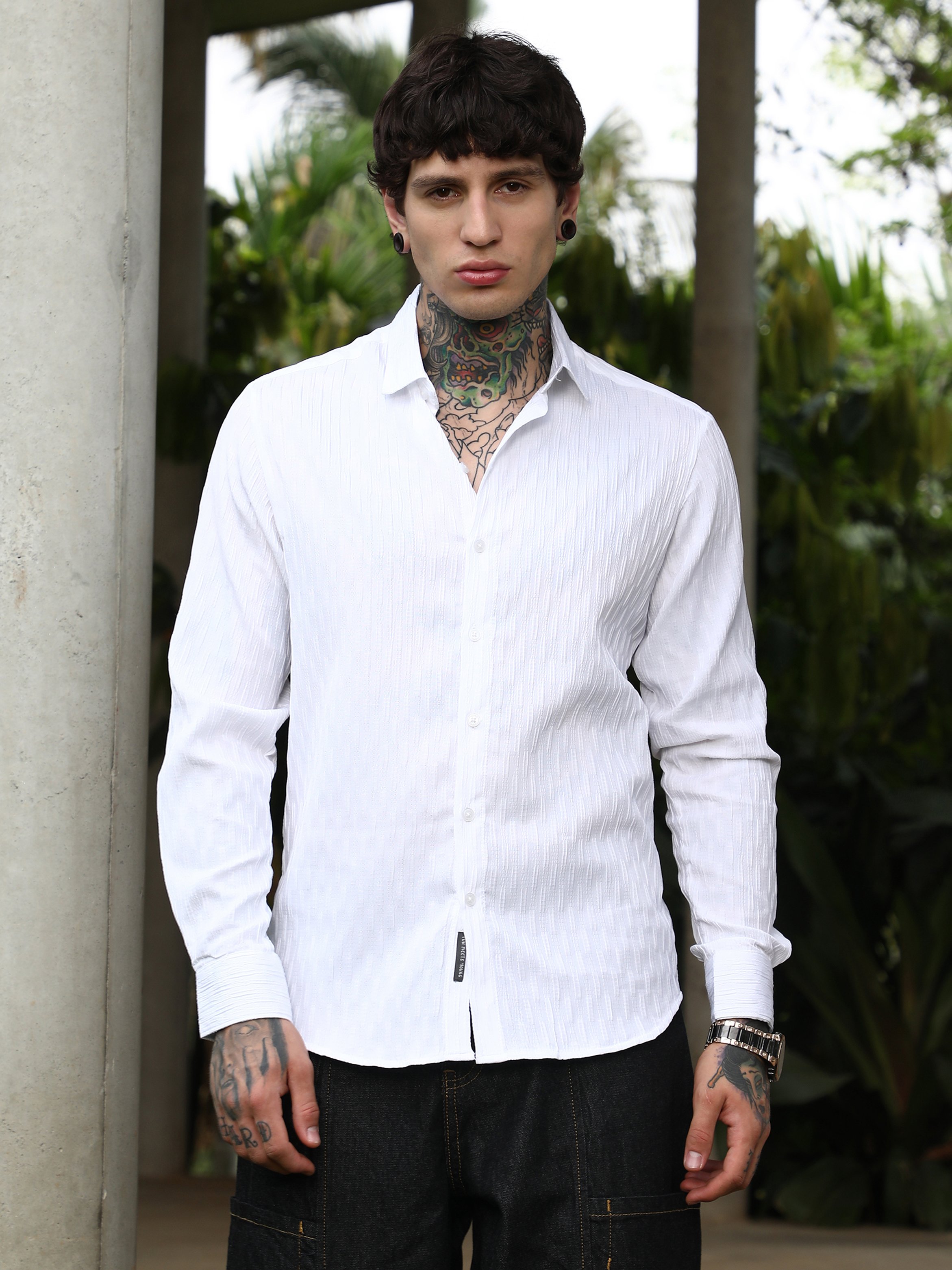 Men White Textured Spread Collar Shirt