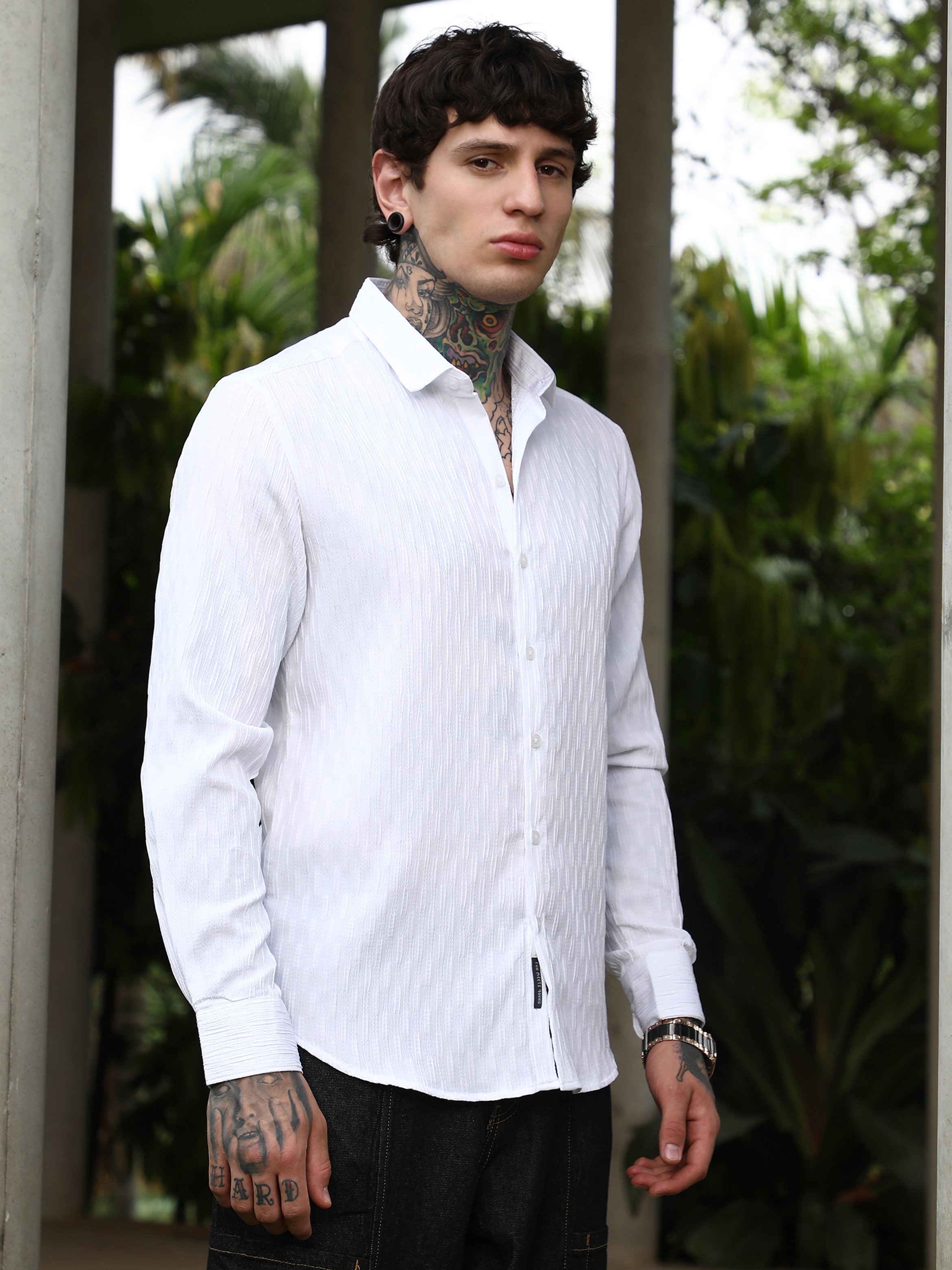 Men White Textured Spread Collar Shirt