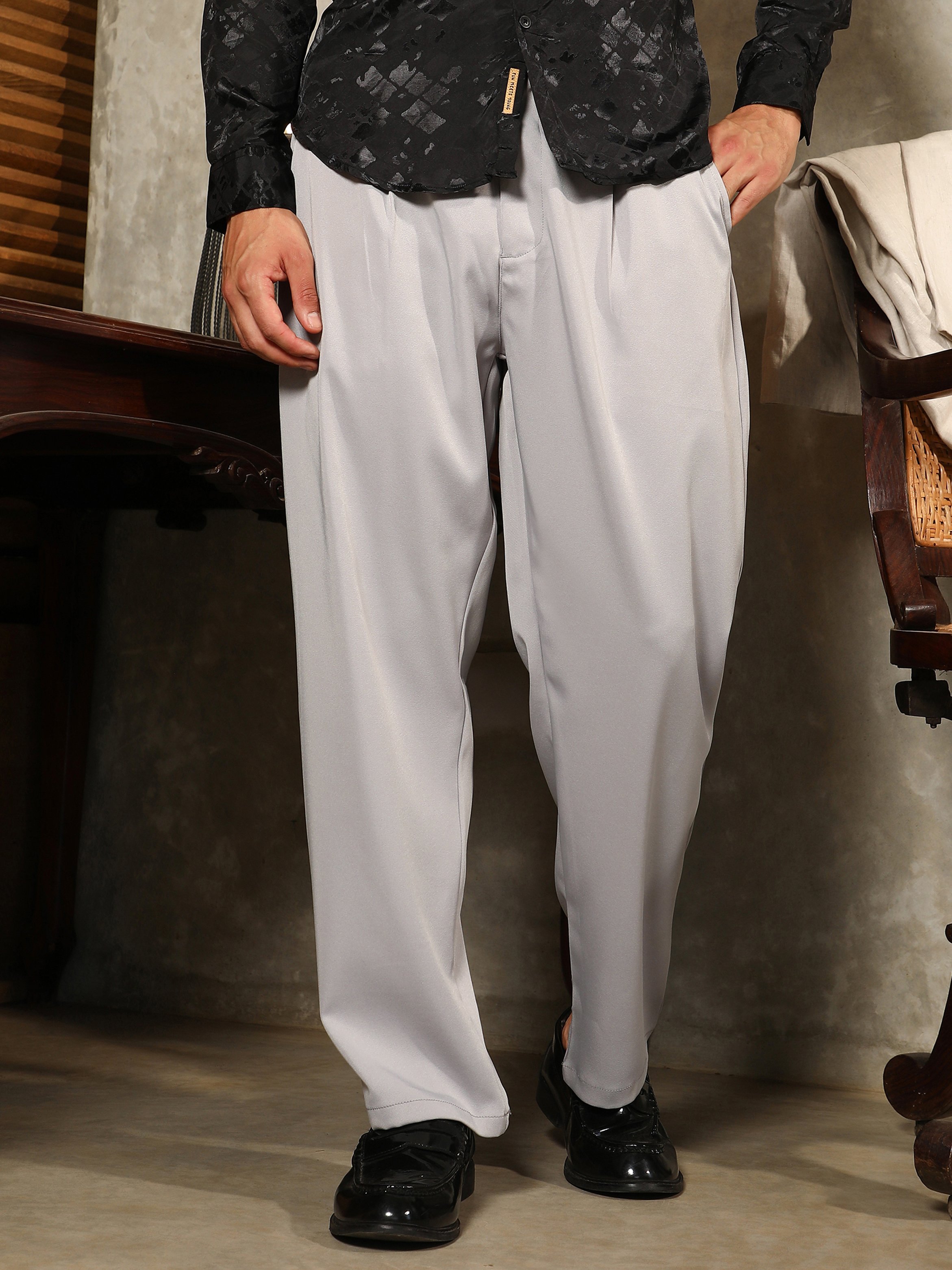 Men Cloud Grey Straight Pleat Trousers