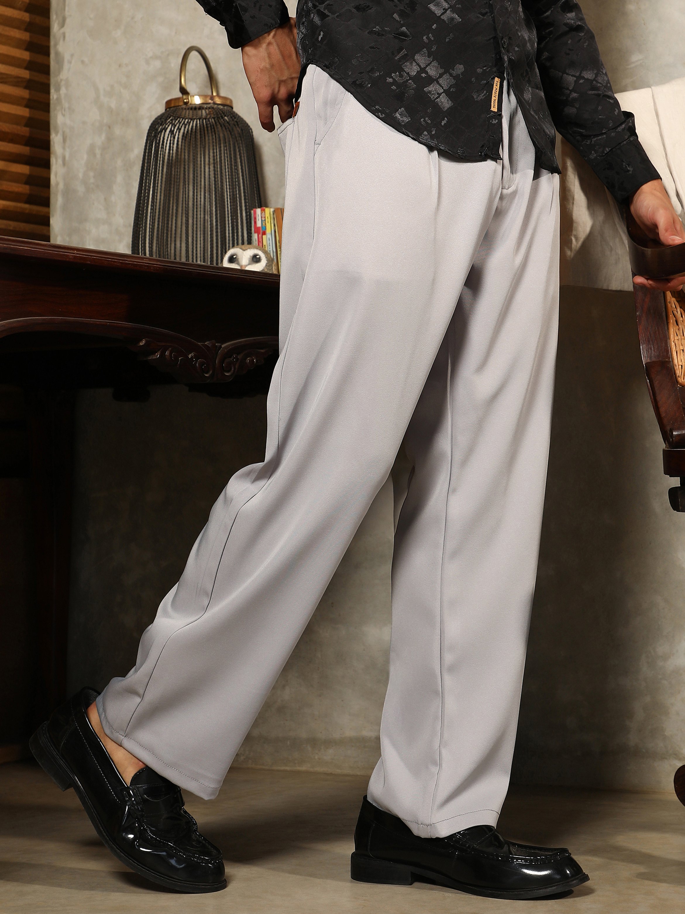 Men Cloud Grey Straight Pleat Trousers