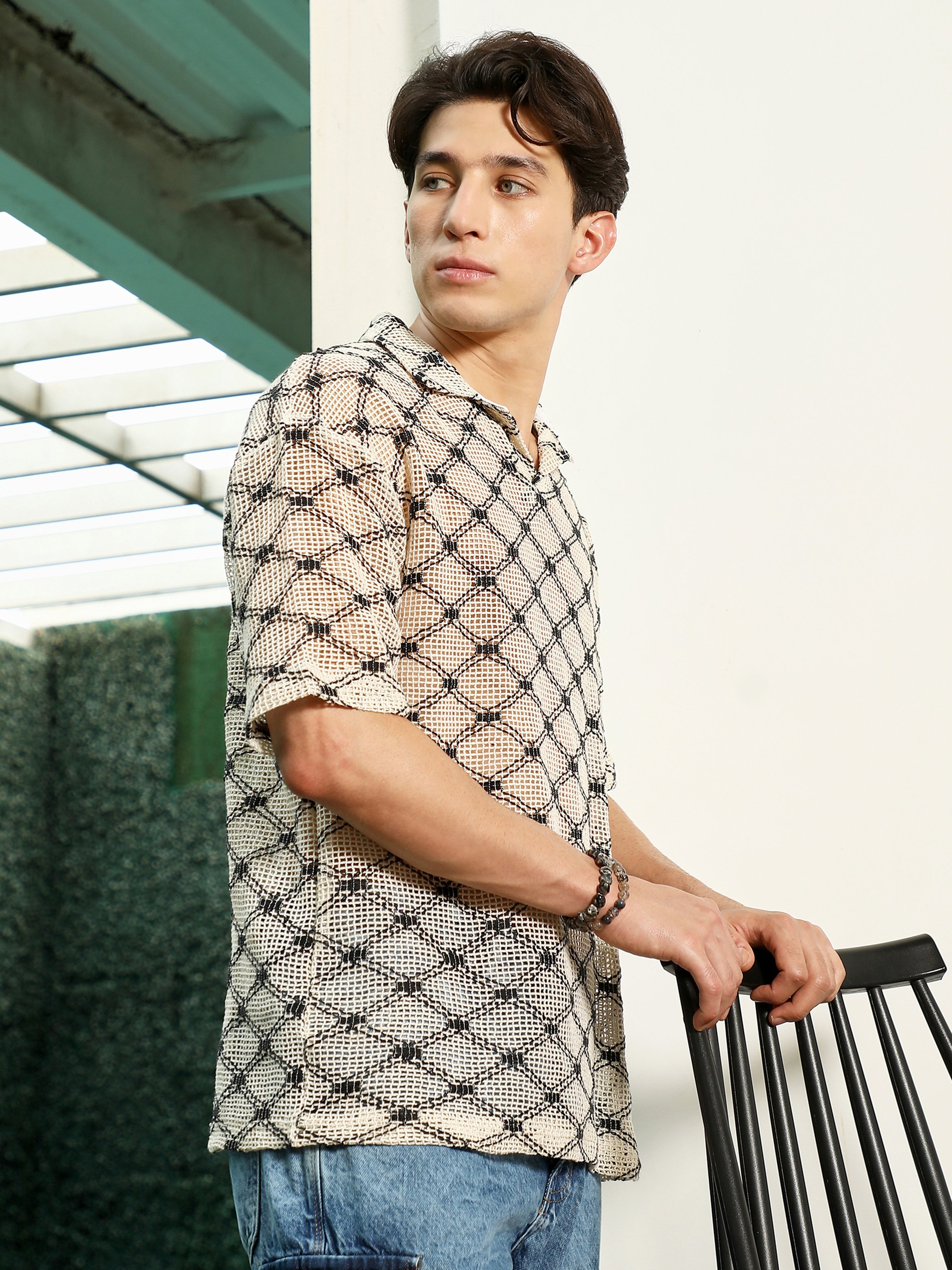 Men Beige Geometric Print Cotton Polo T-Shirt