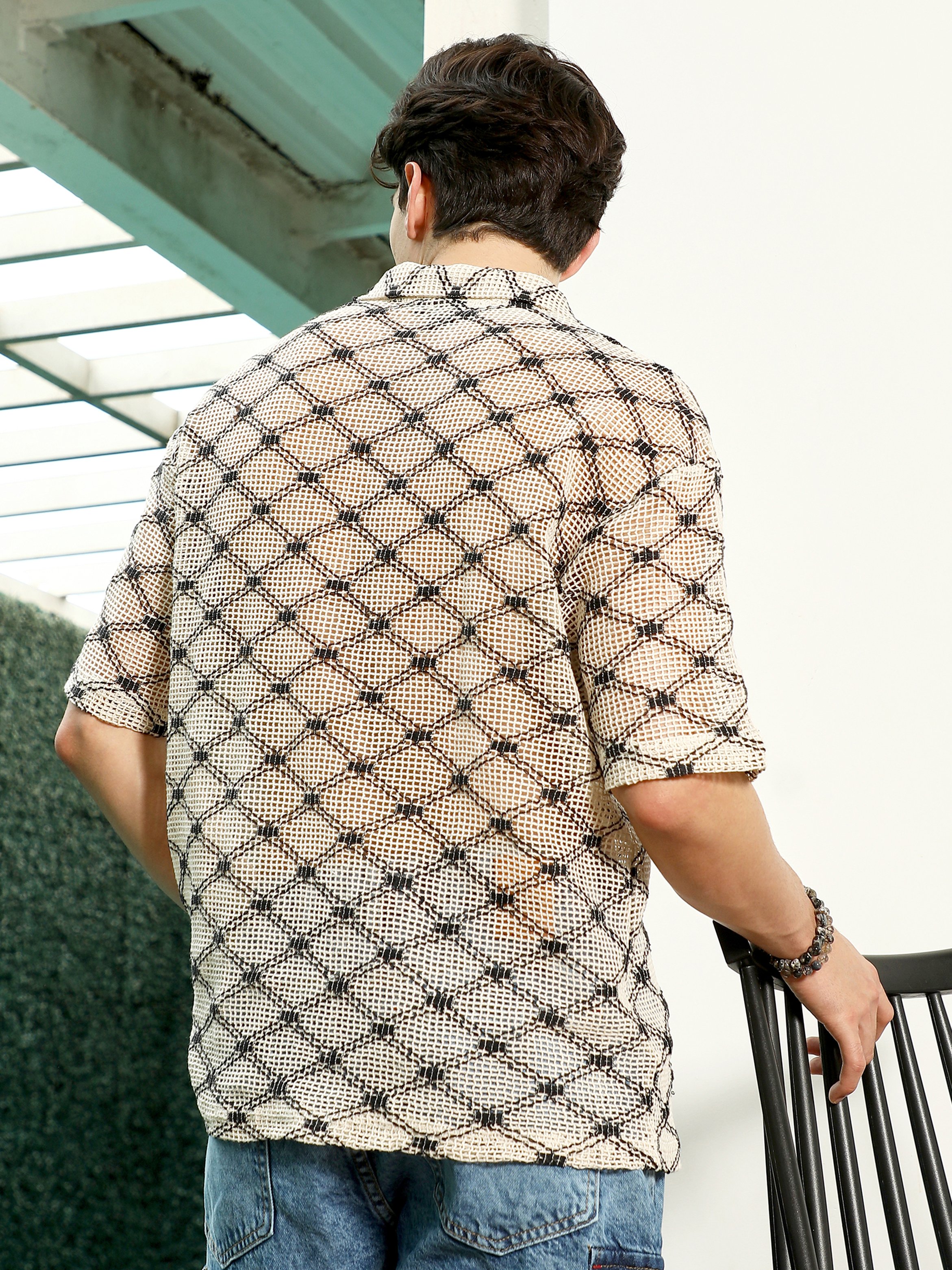 Men Beige Geometric Print Cotton Polo T-Shirt
