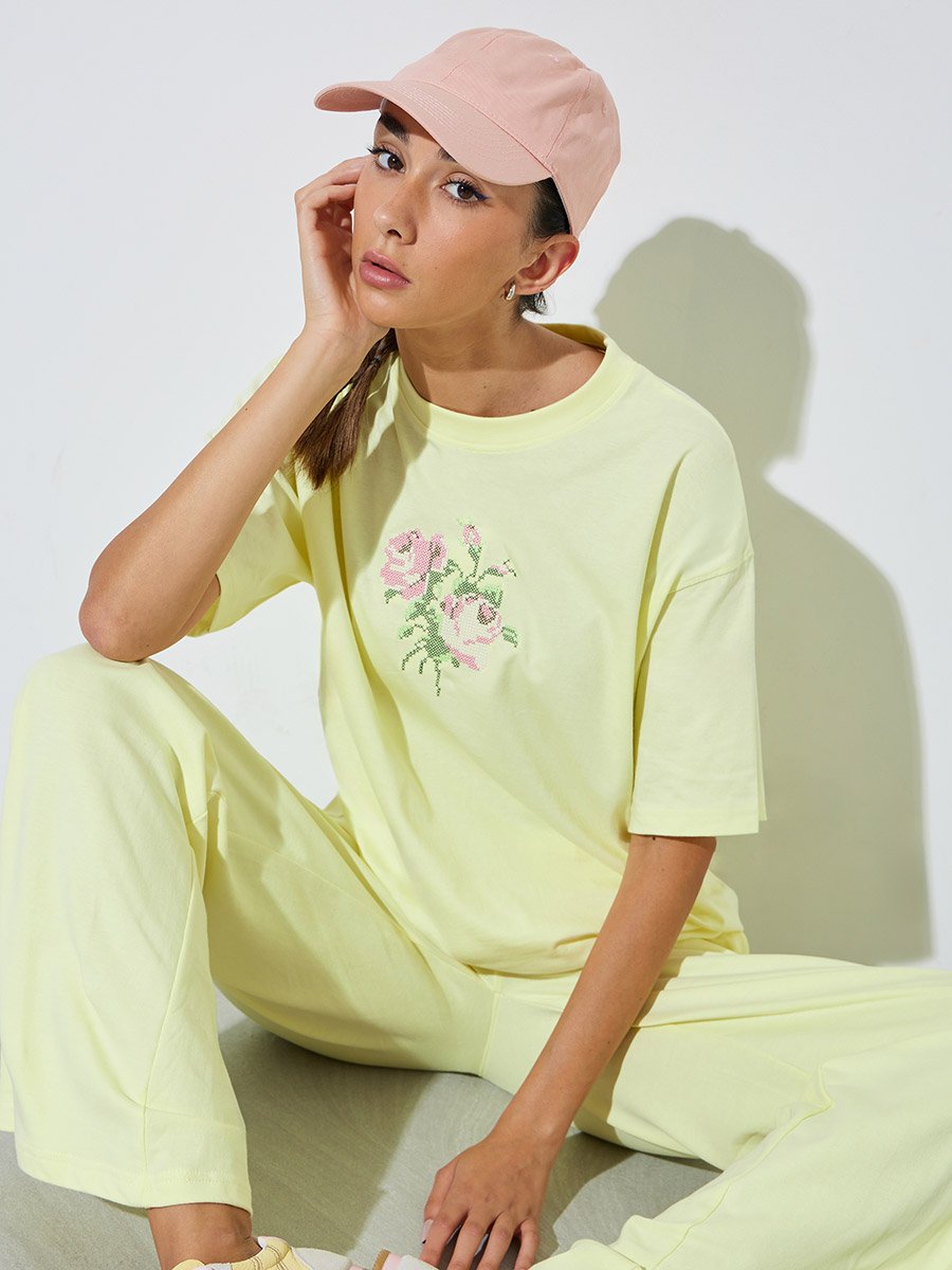 Yellow Oversized Embroidered Cotton T-Shirt