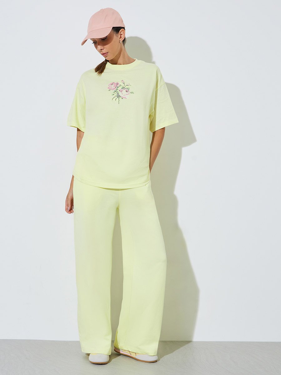 Yellow Oversized Embroidered Cotton T-Shirt