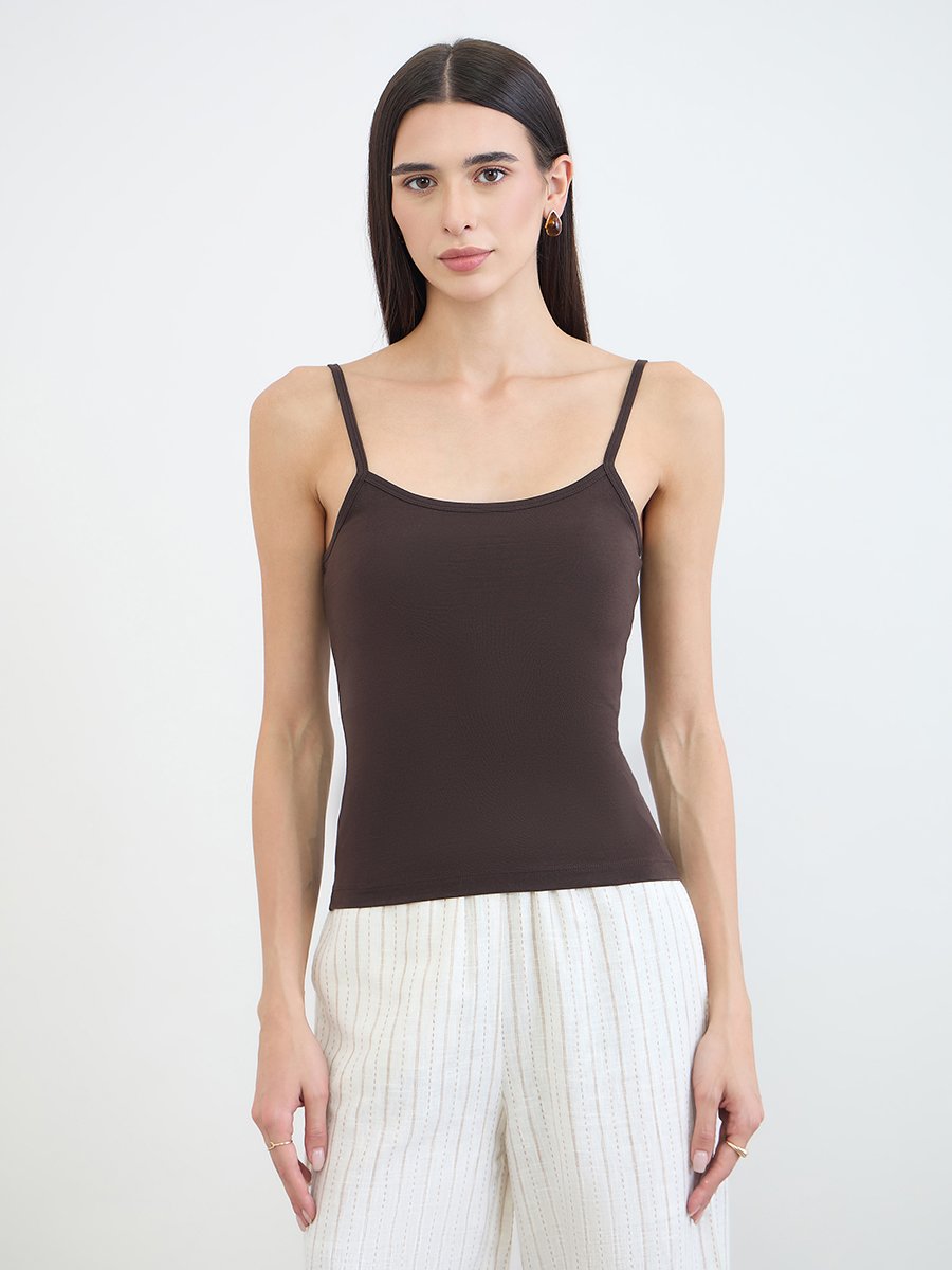 Brown Fitted Scoop Neck Strappy Cami Top