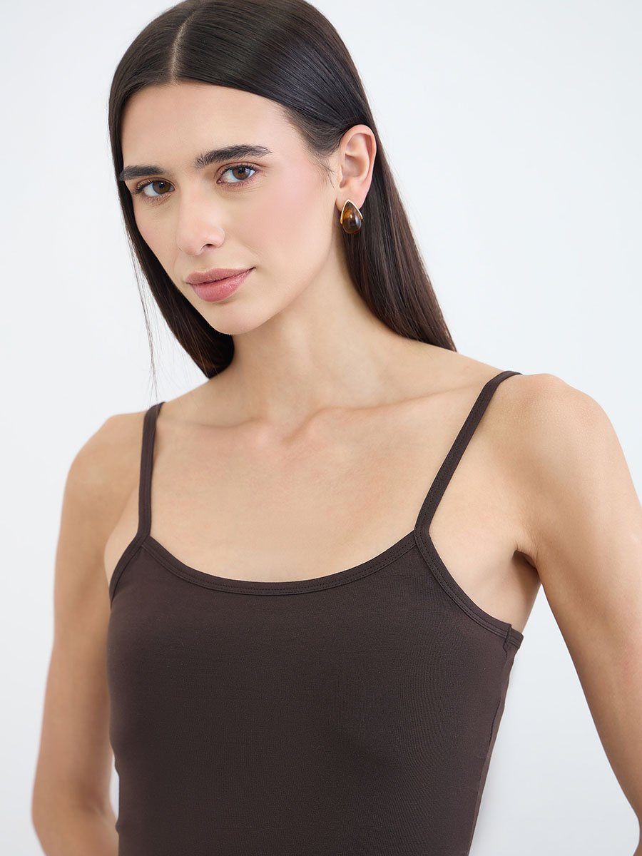 Brown Fitted Scoop Neck Strappy Cami Top