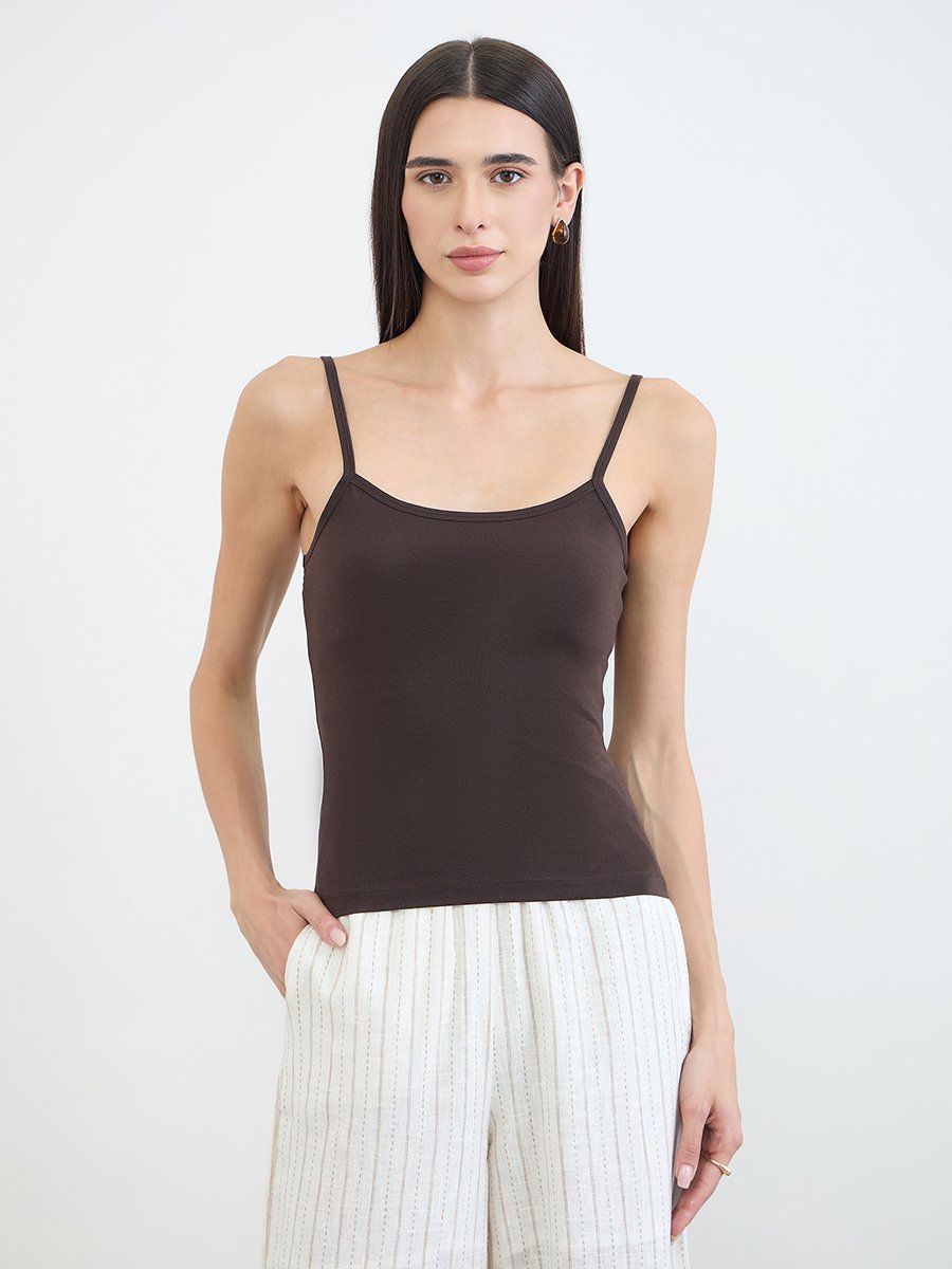 Brown Fitted Scoop Neck Strappy Cami Top