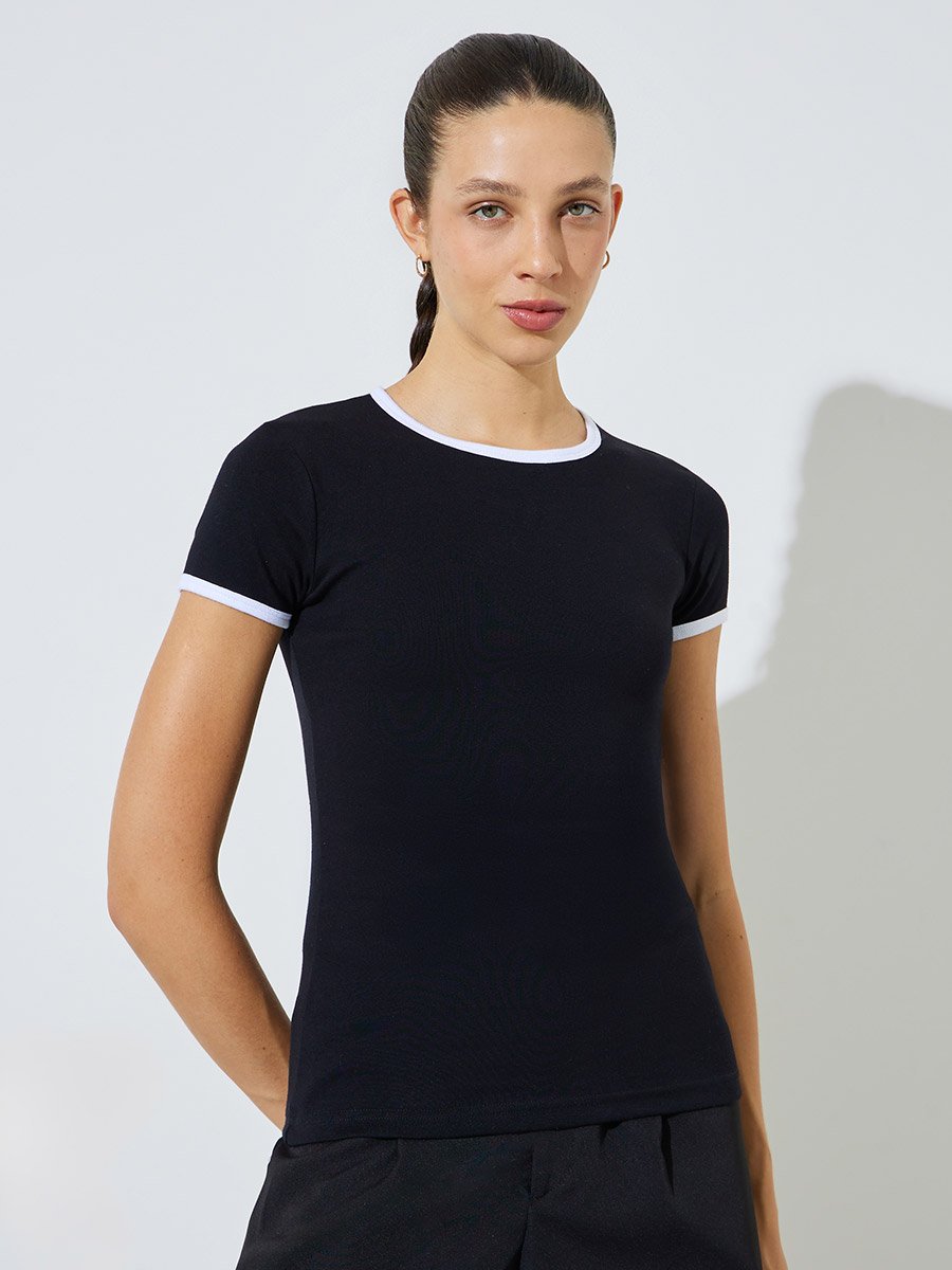Black Fitted Ringer T-Shirt with Contrast Trim