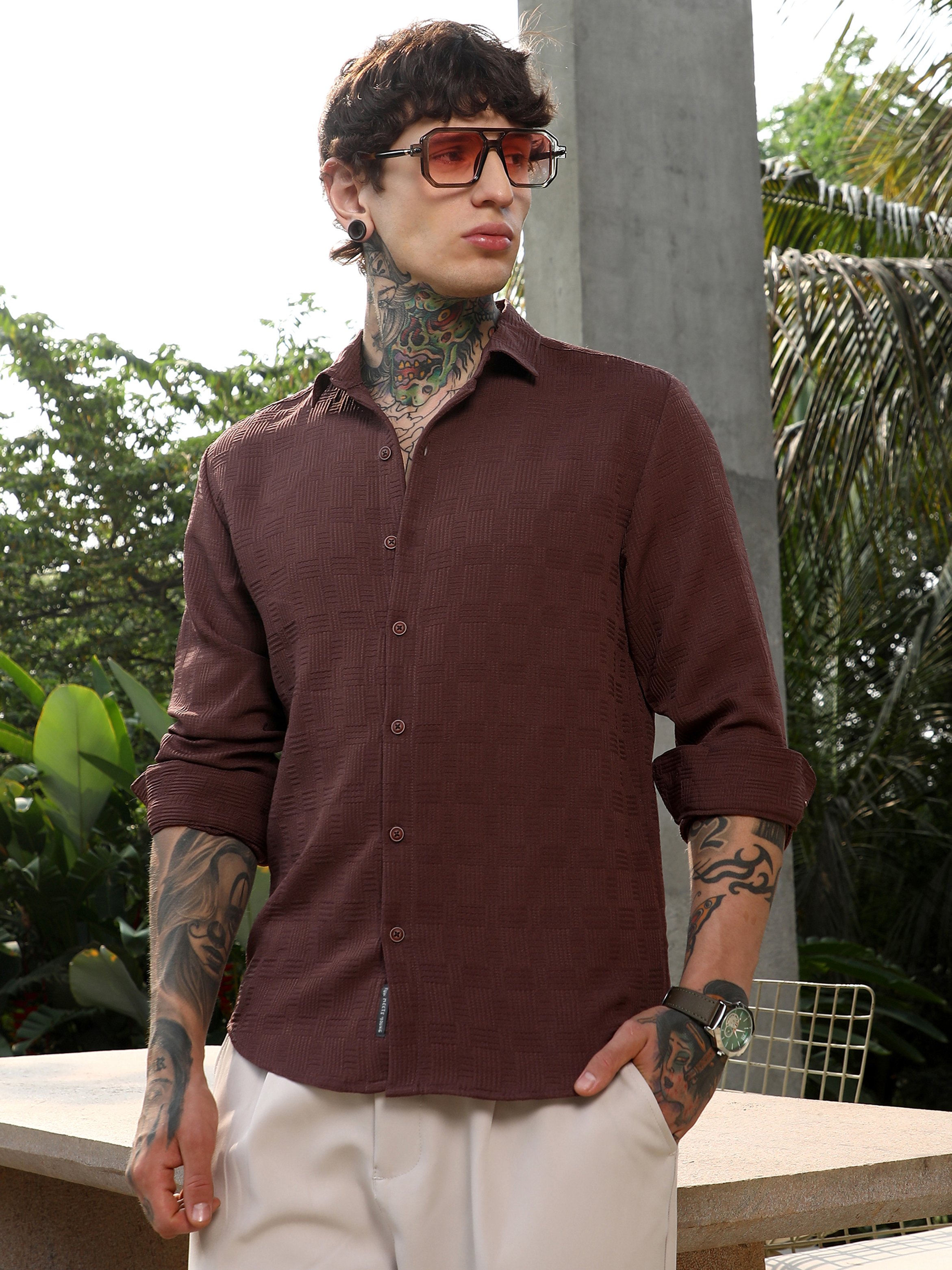 Men Chocolate Brown Textured-Tactile Shirt