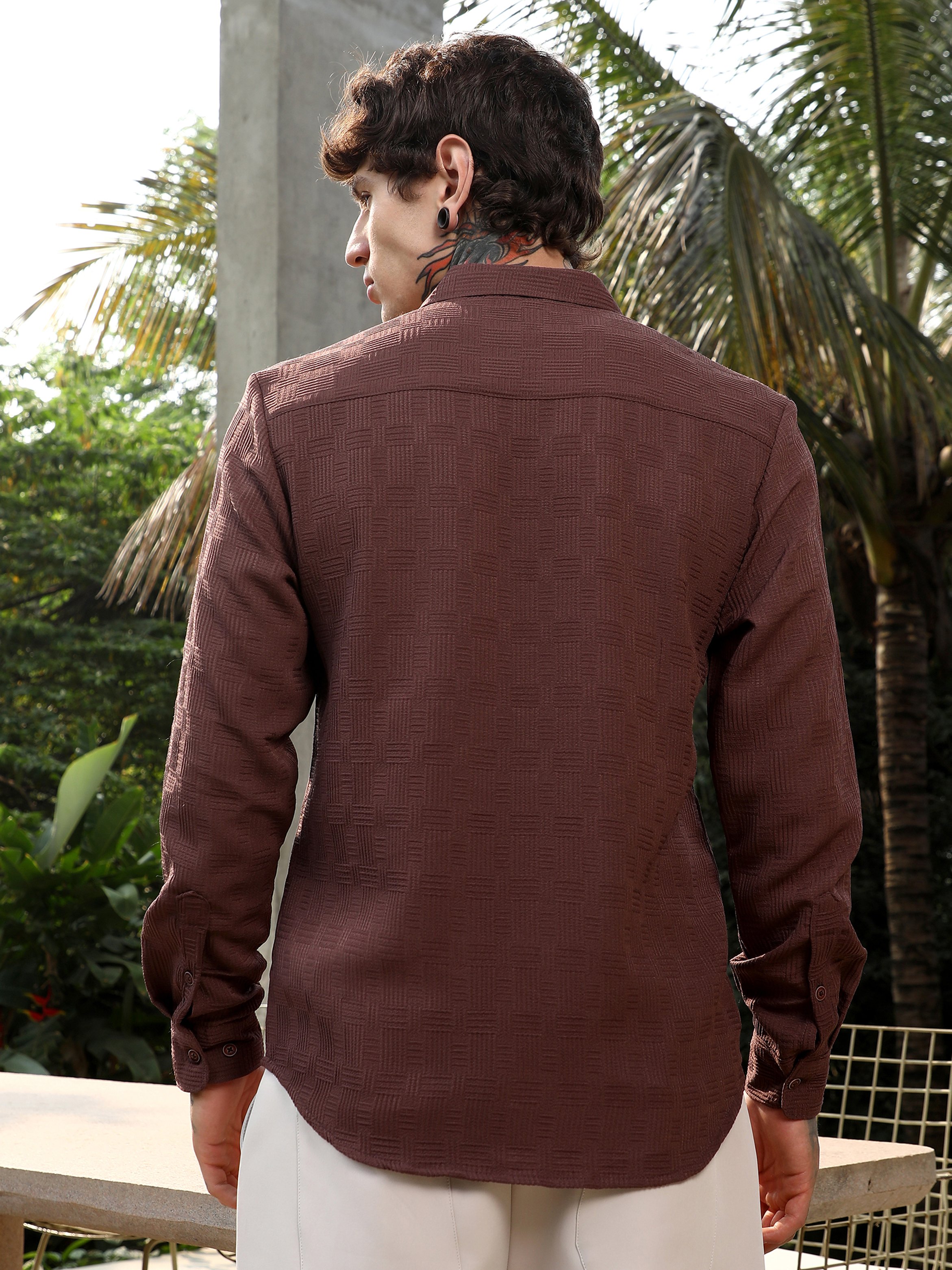 Men Chocolate Brown Textured-Tactile Shirt
