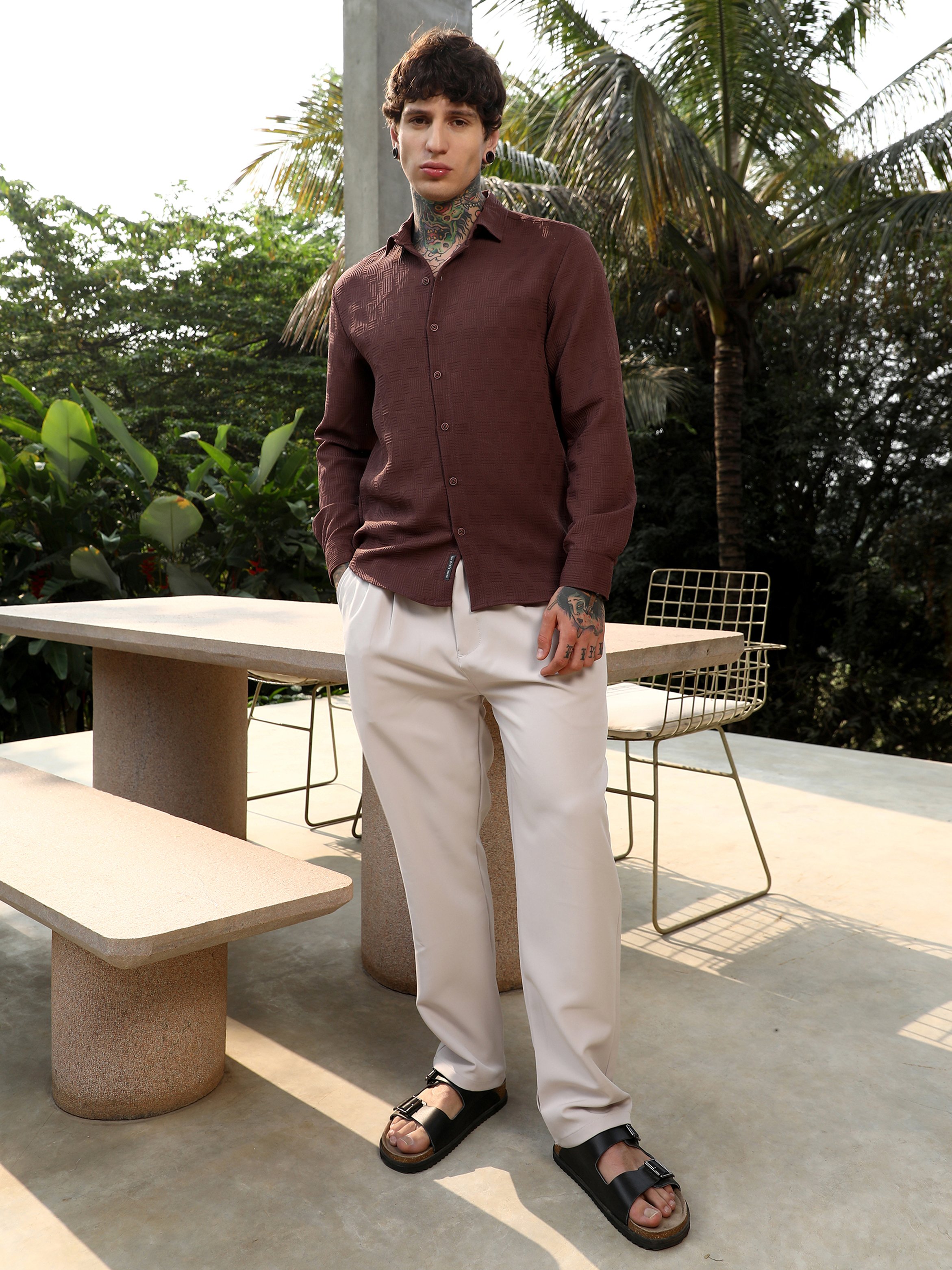Men Chocolate Brown Textured-Tactile Shirt