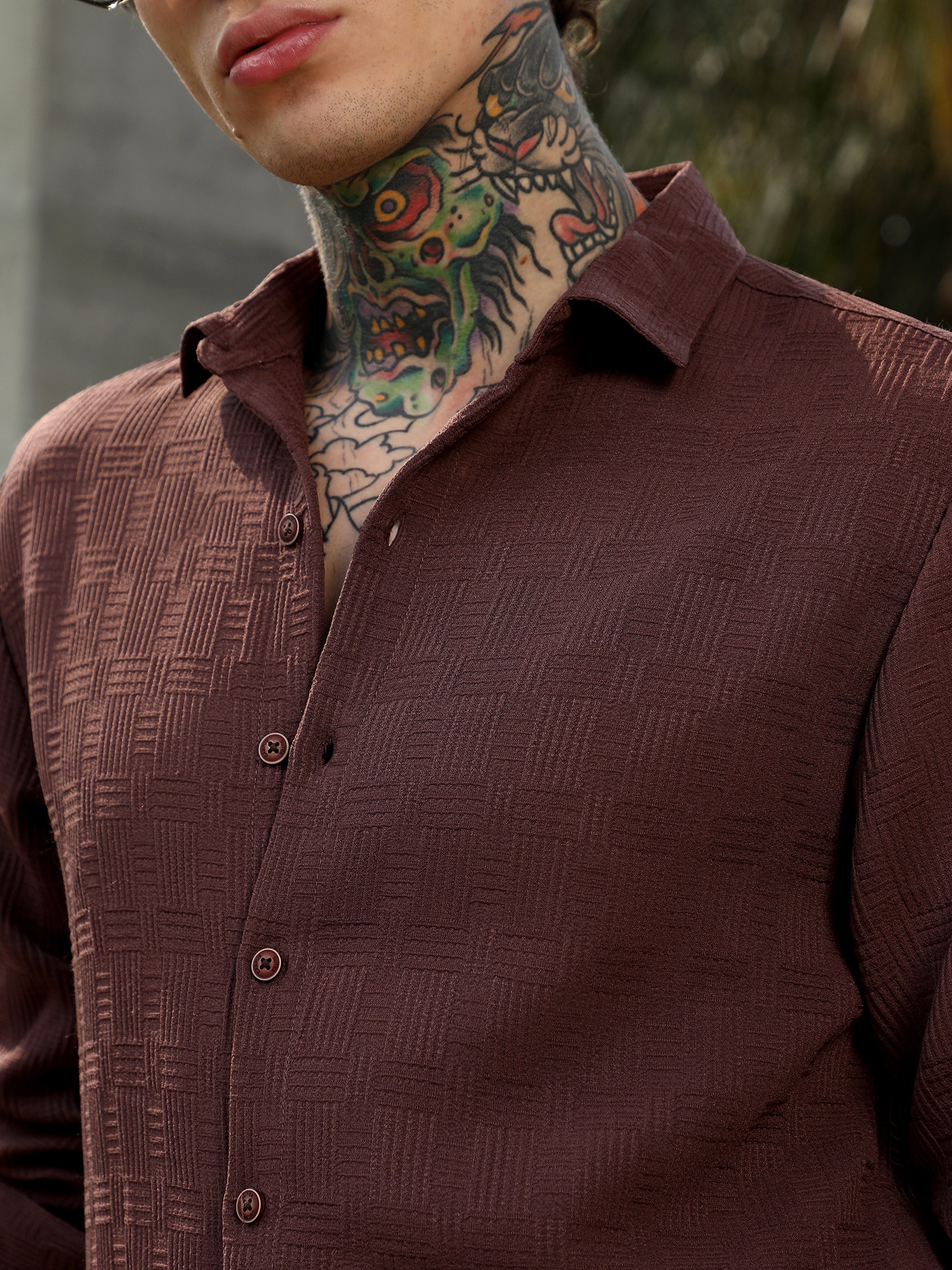 Men Chocolate Brown Textured-Tactile Shirt