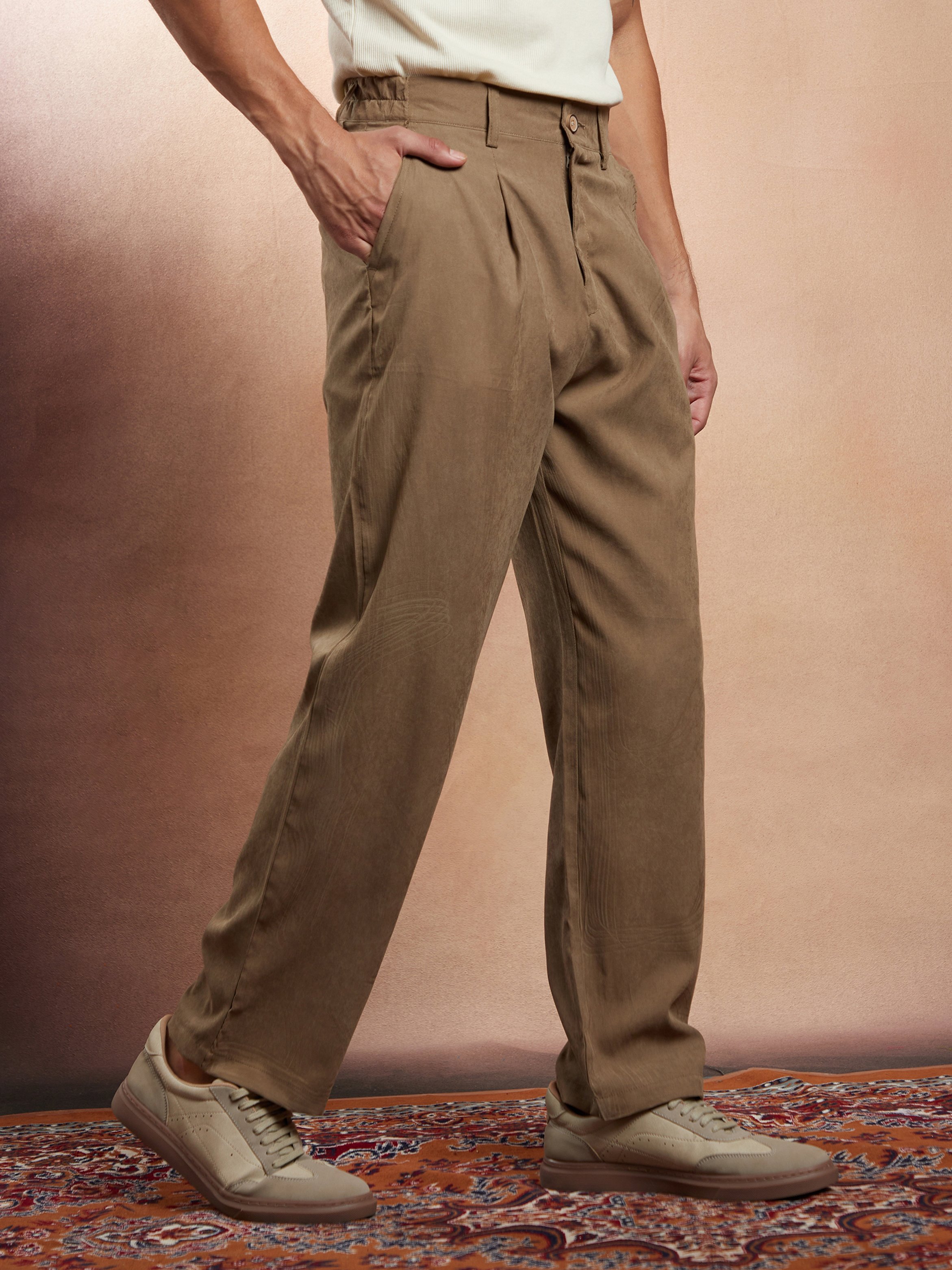 Men Wood Brown Straight-Fit Pleat Tailored Trousers
