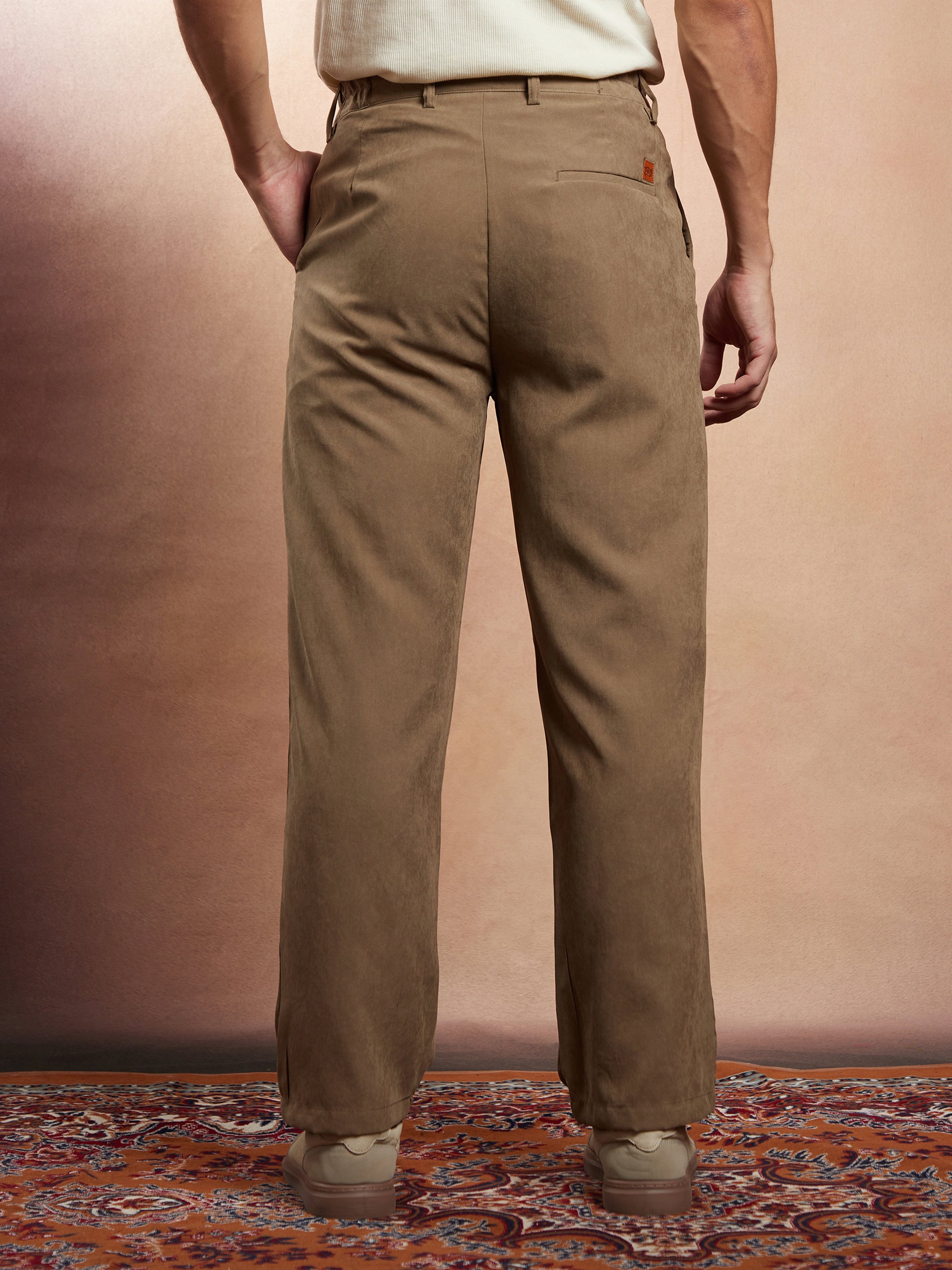 Men Wood Brown Straight-Fit Pleat Tailored Trousers