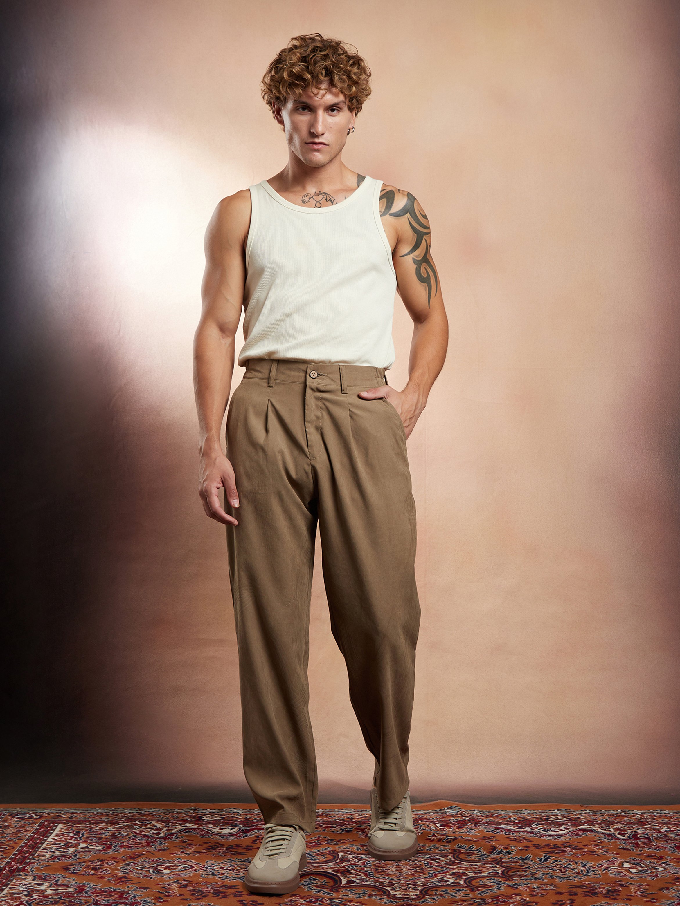 Men Wood Brown Straight-Fit Pleat Tailored Trousers