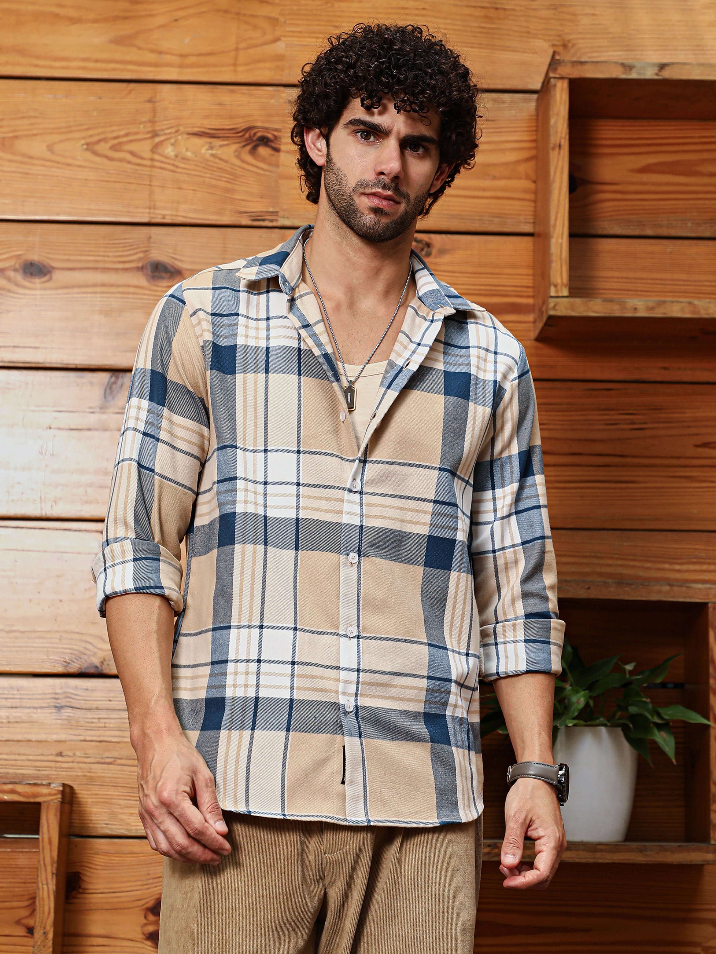 Men Beige Indigo Blue Plaid Relaxed Shirt