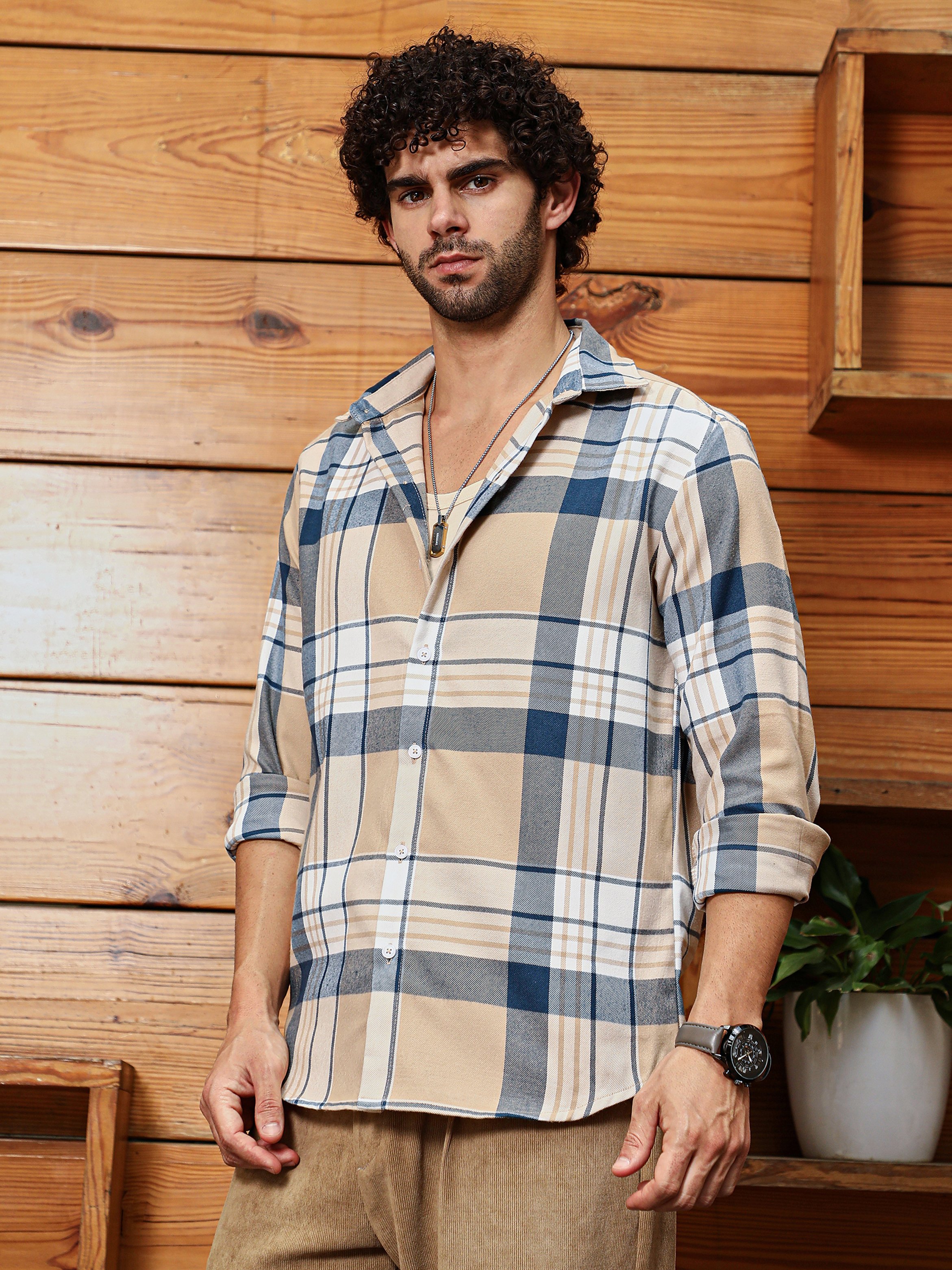 Men Beige Indigo Blue Plaid Relaxed Shirt