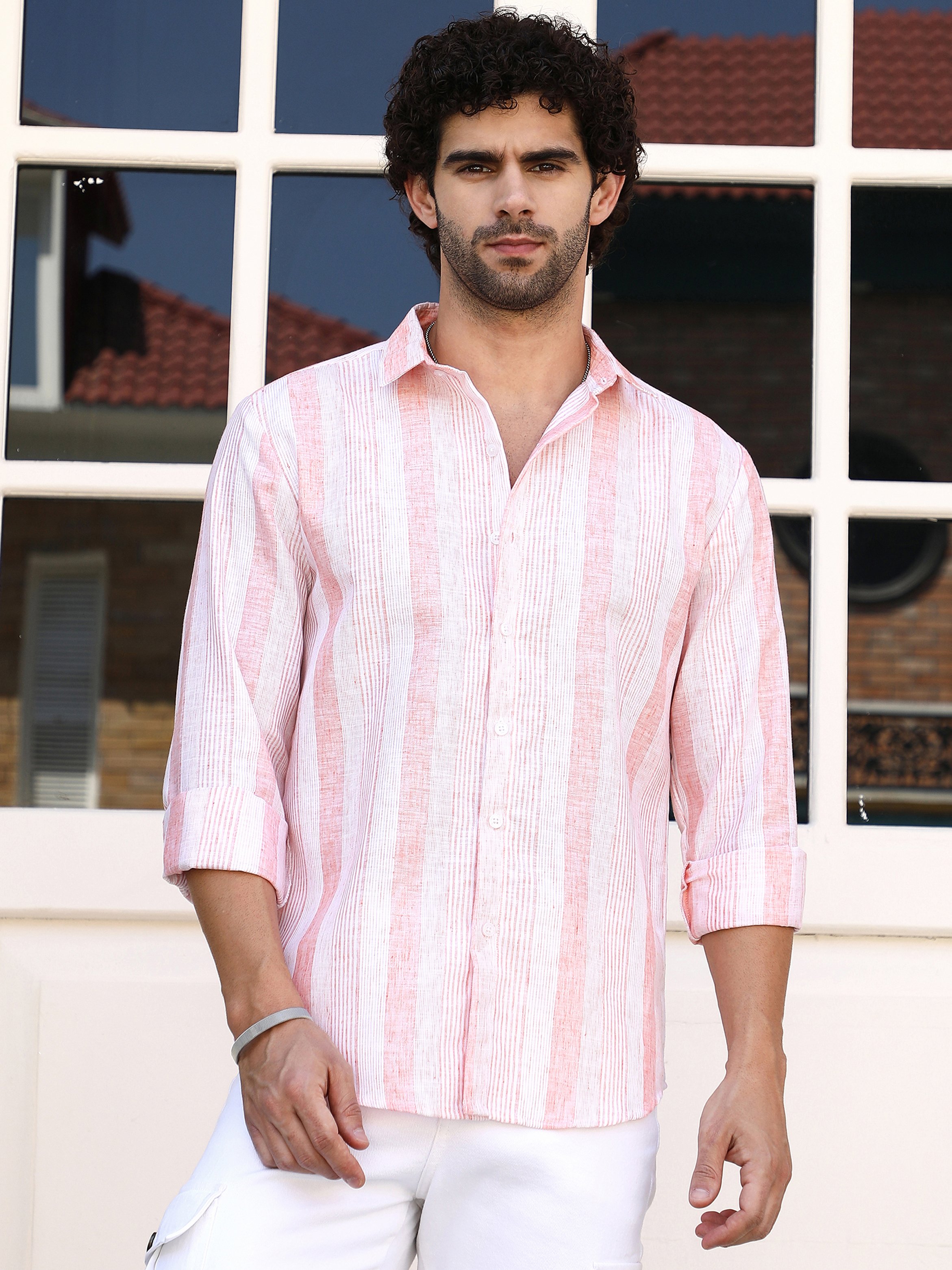 Men Apricot Orange Pincandy-Striped Regular Shirt