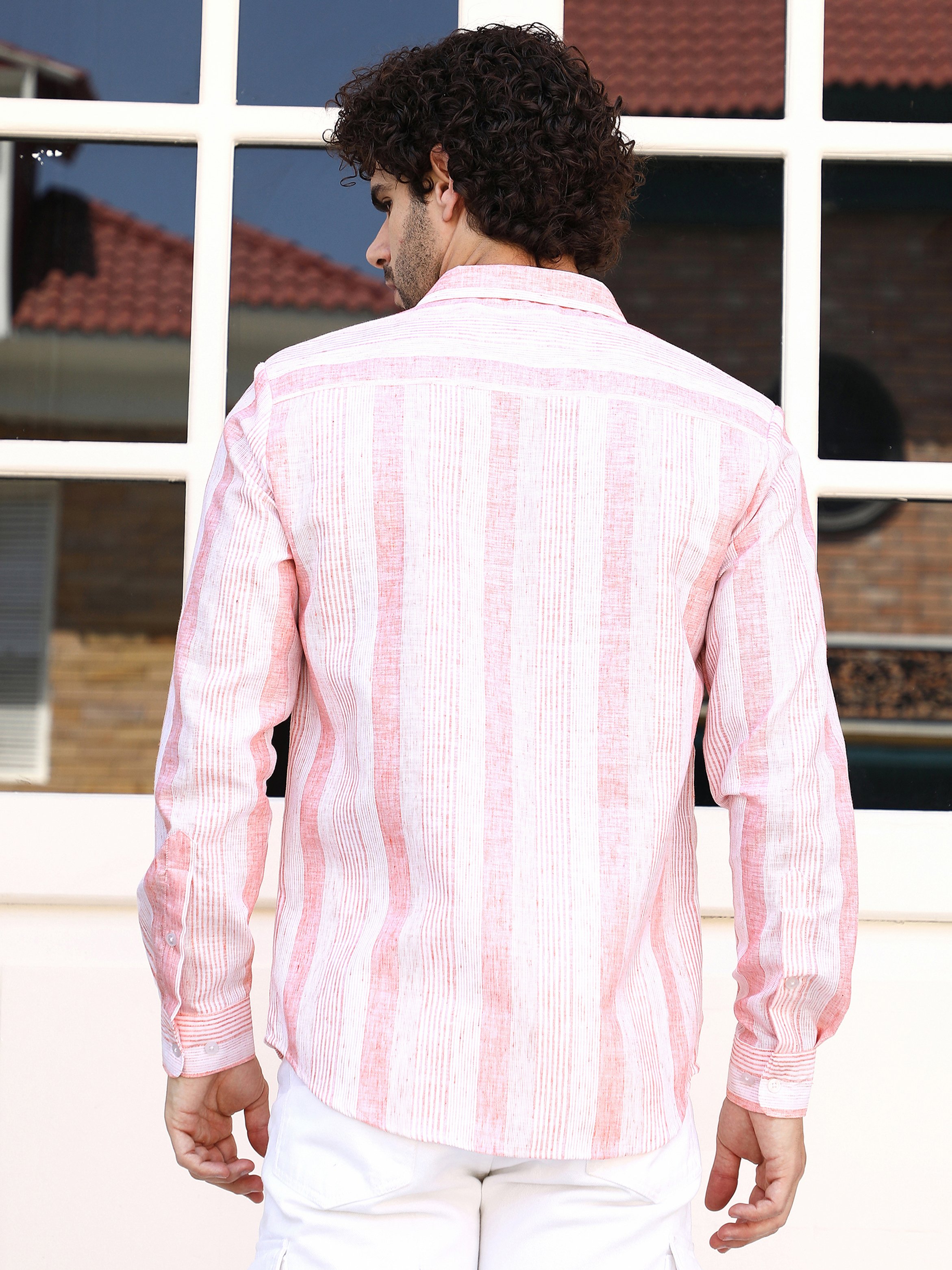 Men Apricot Orange Pincandy-Striped Regular Shirt
