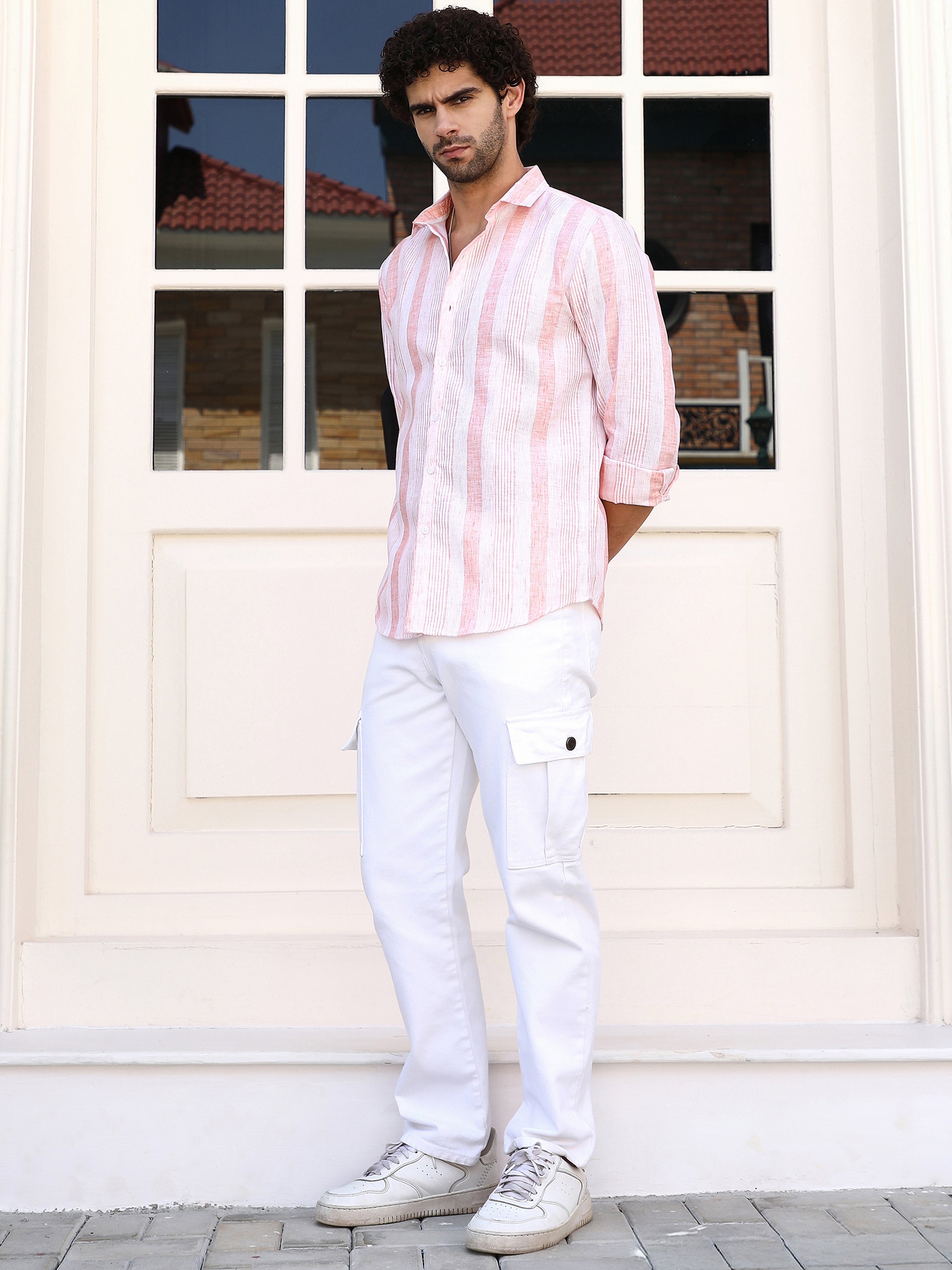 Men Apricot Orange Pincandy-Striped Regular Shirt