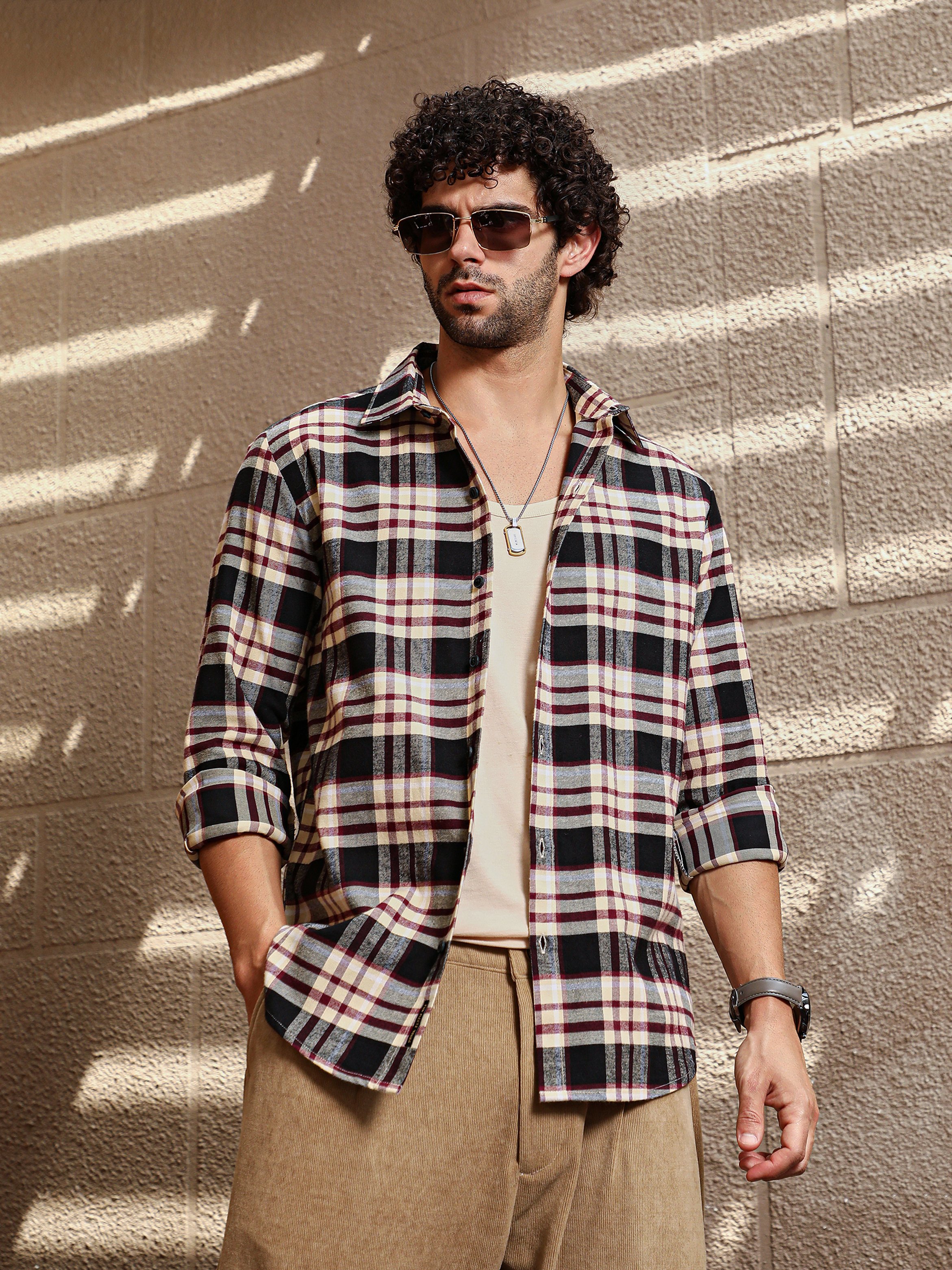 Men Dark-Plaid Relaxed Shirt