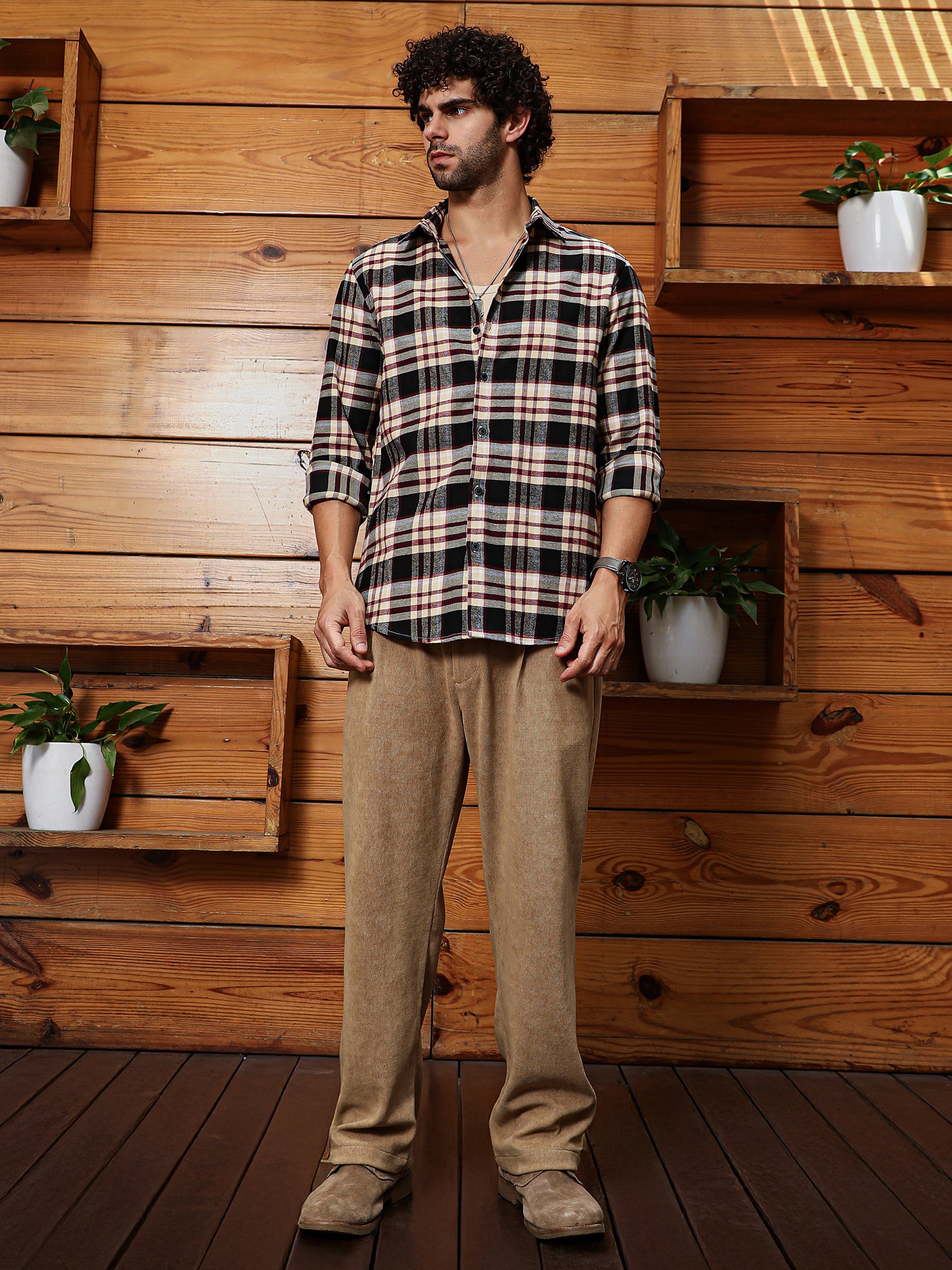 Men Dark-Plaid Relaxed Shirt