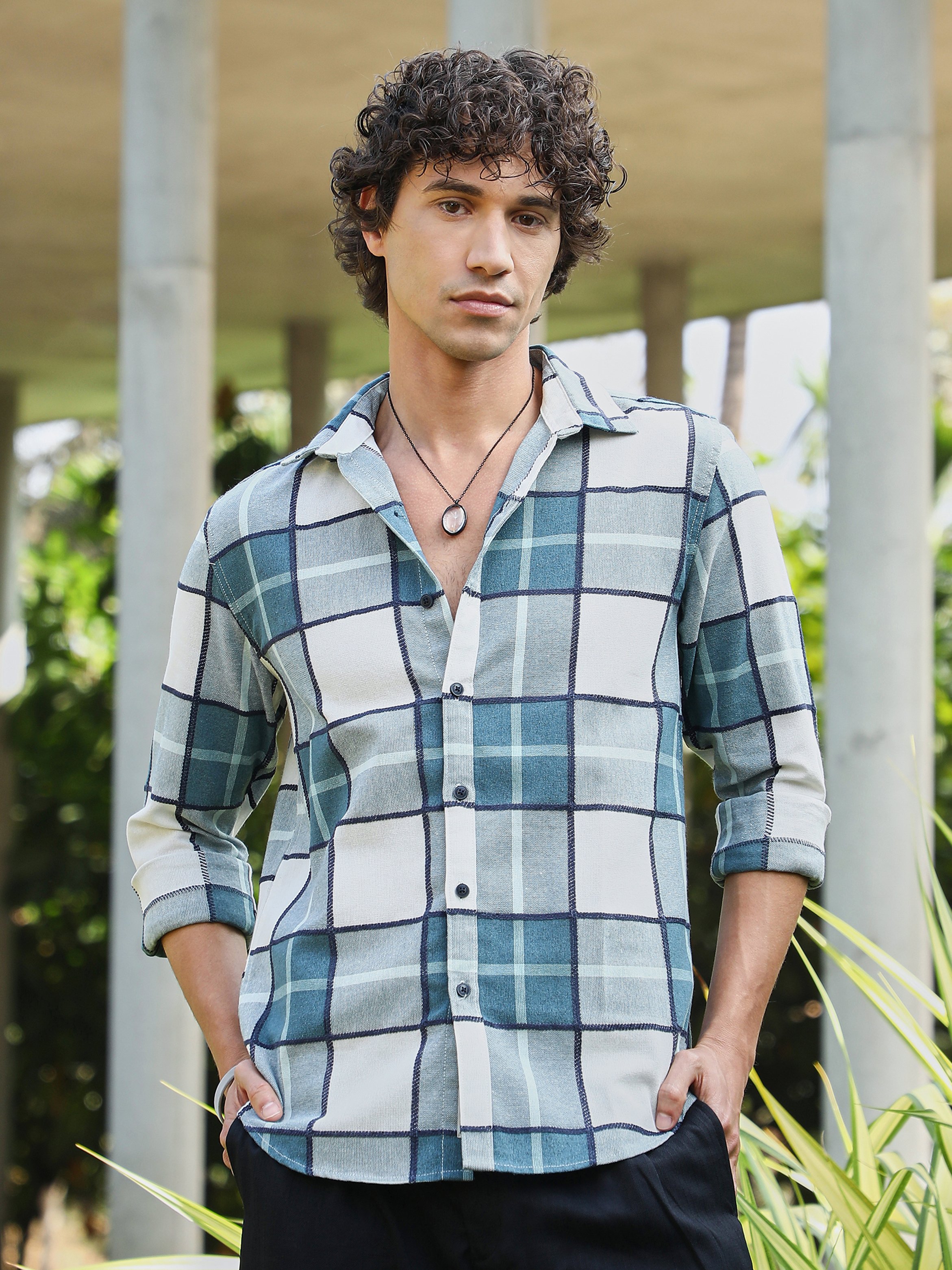 Men Steel Blue Checkered Shirt