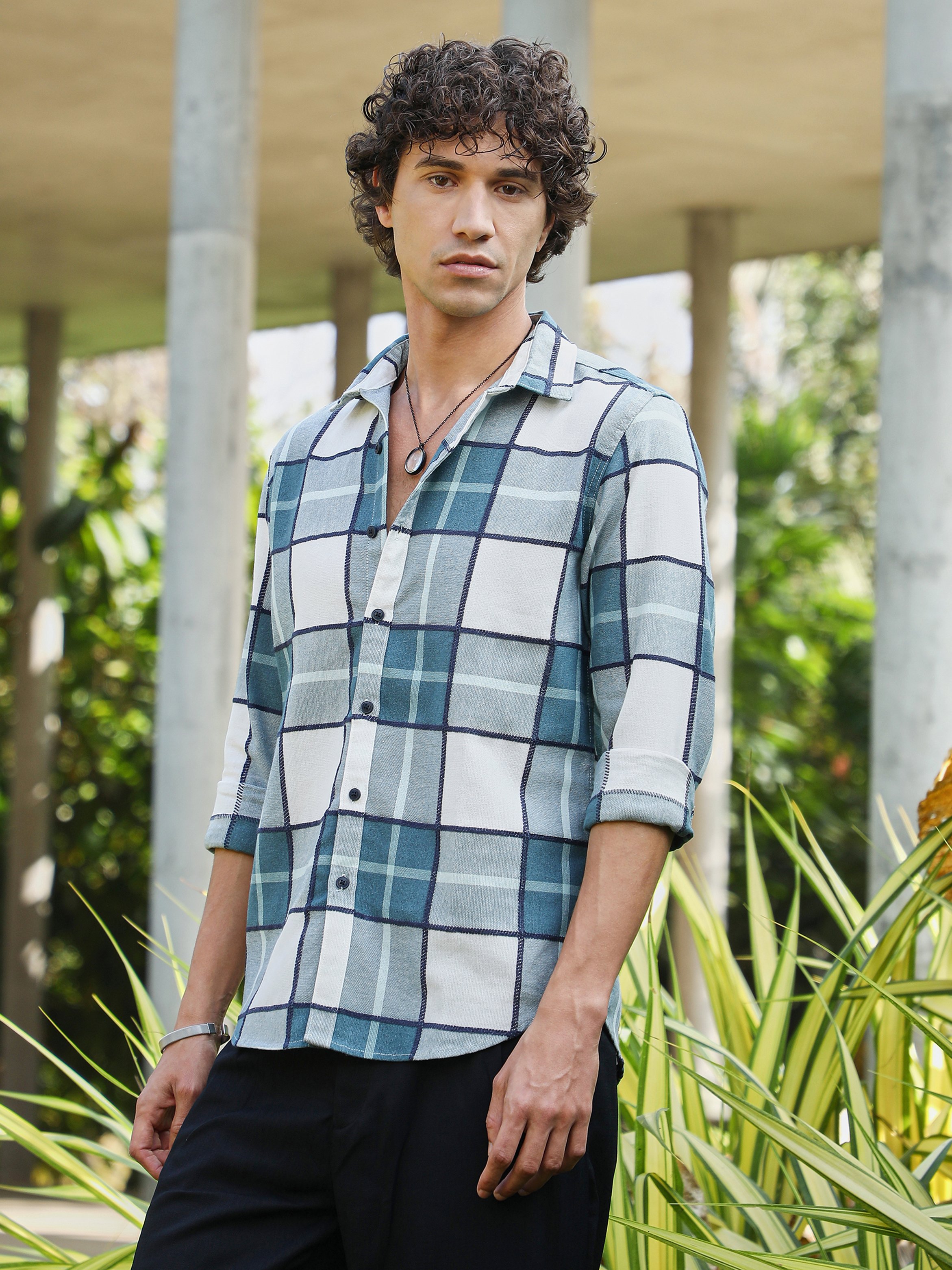 Men Steel Blue Checkered Shirt