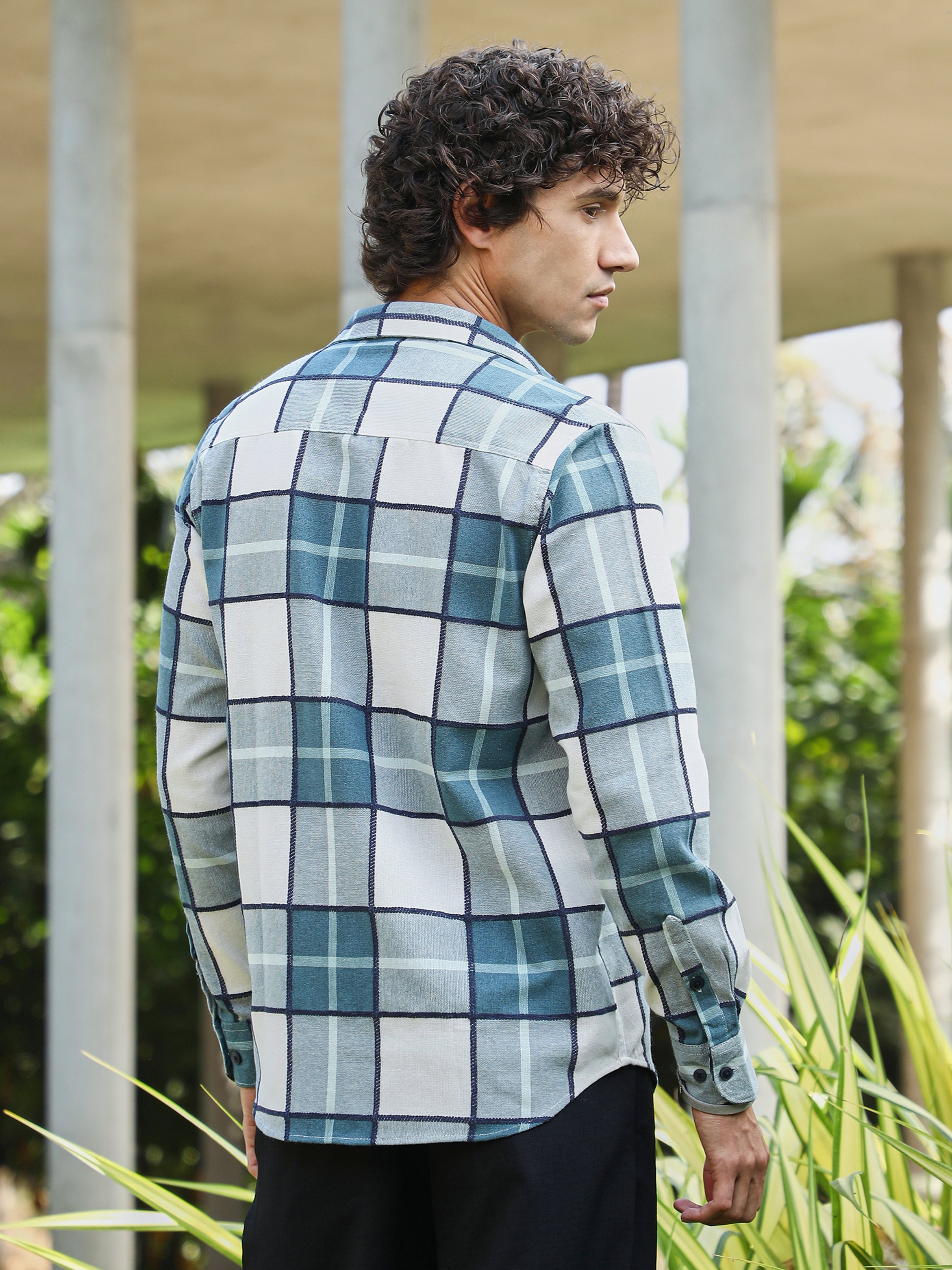 Men Steel Blue Checkered Shirt