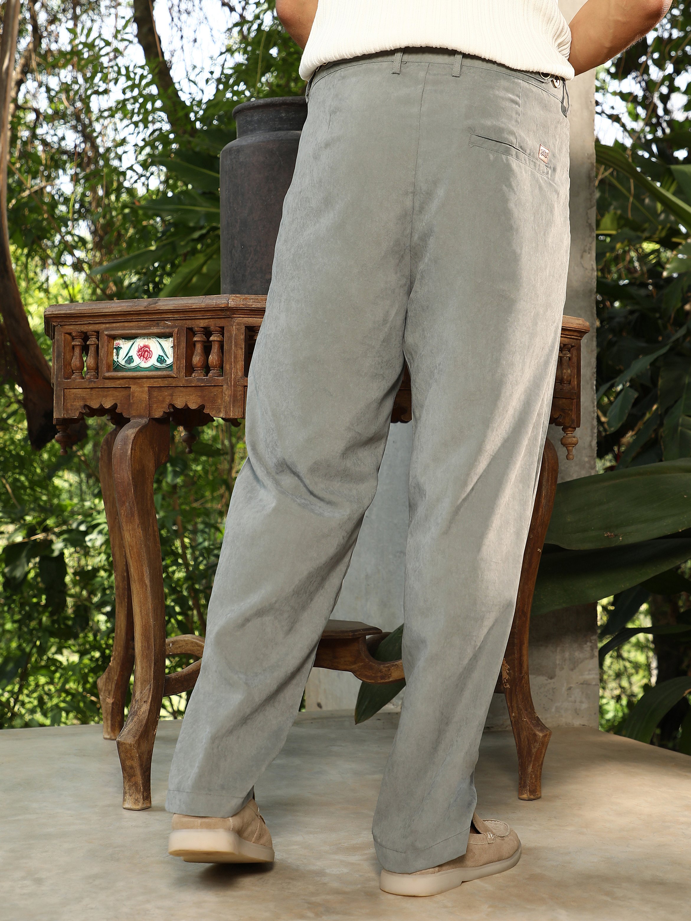 Men Antique Grey Velvet Pleat Trousers