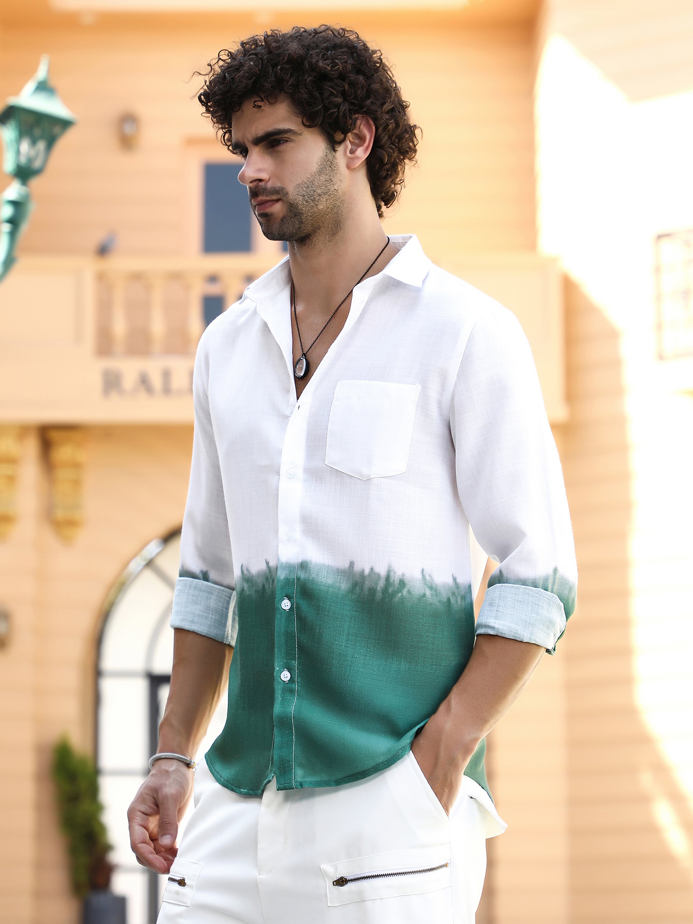 Men Emerald Green Ombre-Print Regular Shirt