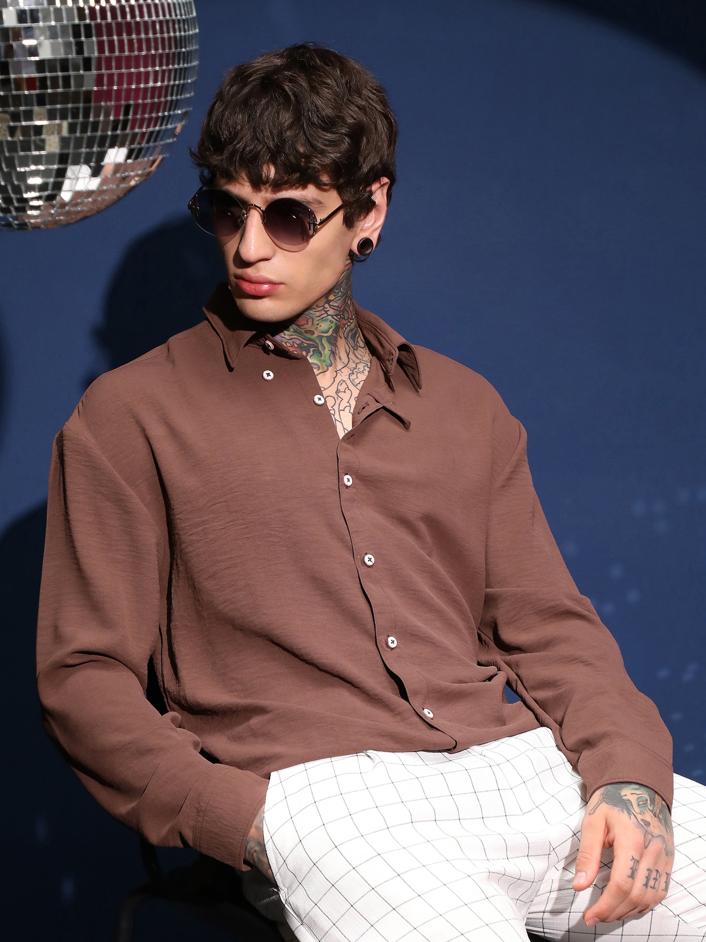 Men Mocha Brown Textured Regular Shirt