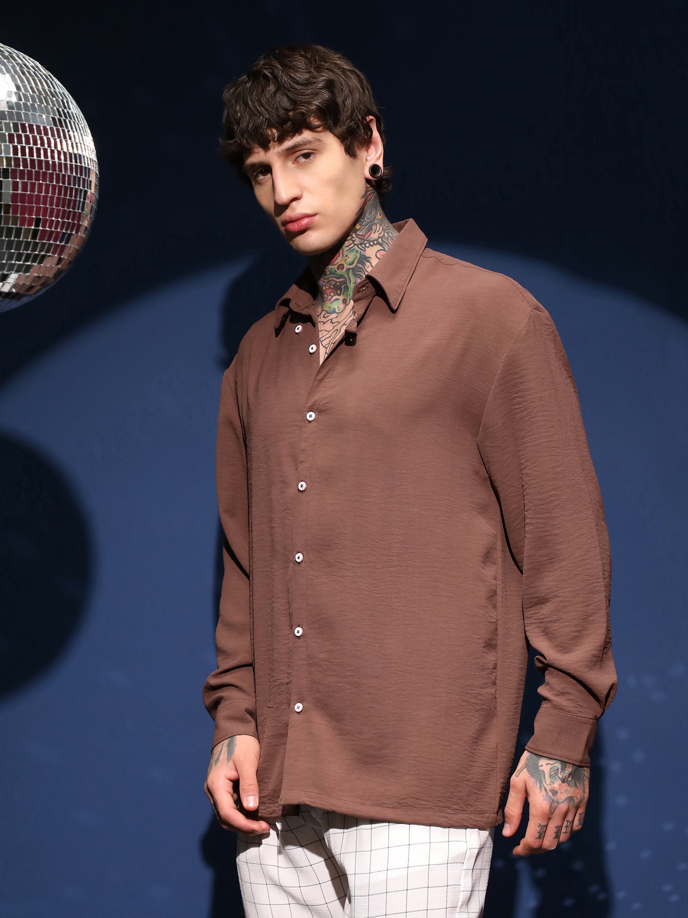 Men Mocha Brown Textured Regular Shirt
