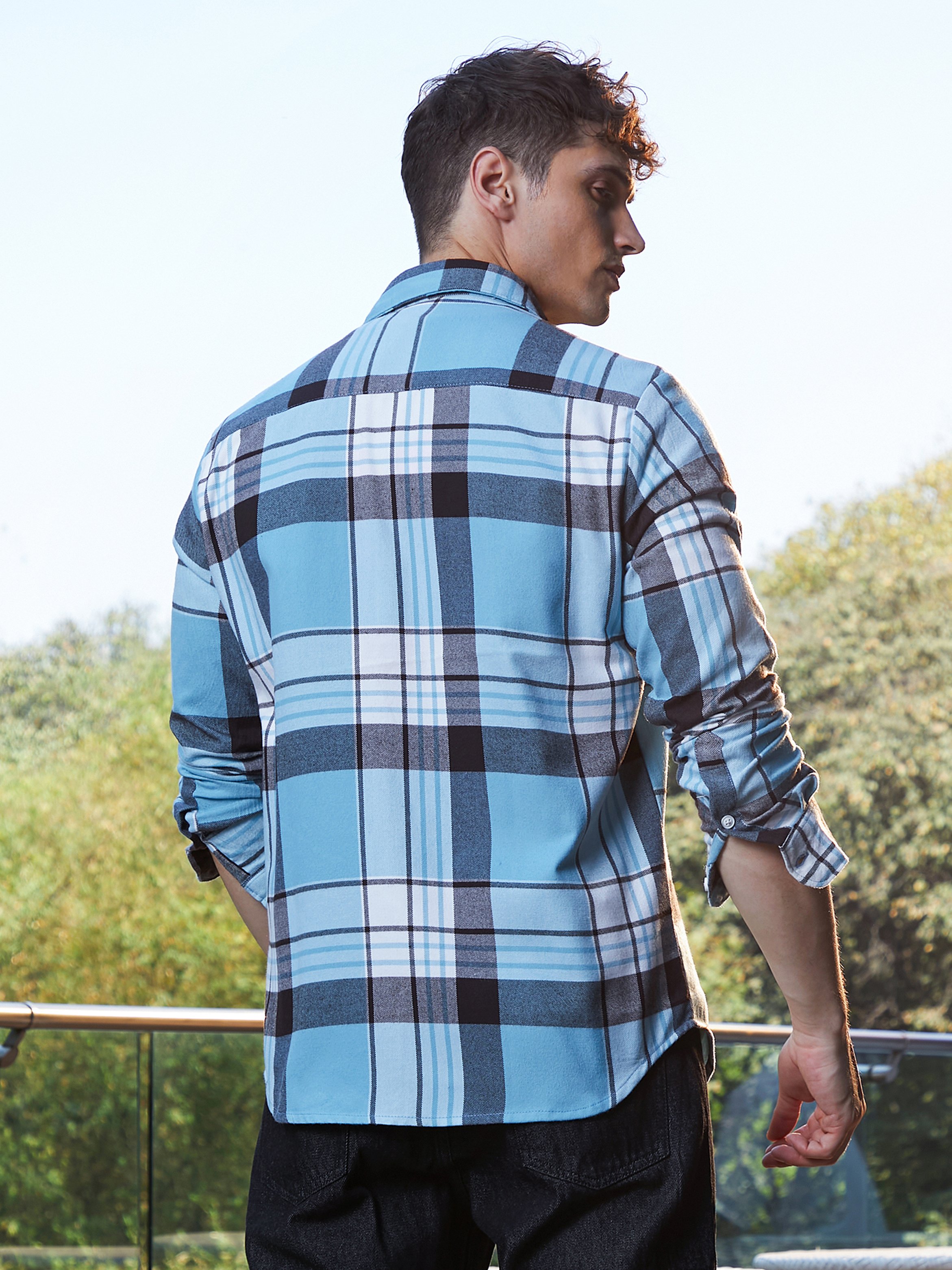Men Sky Blue Plaid Relaxed Shirt