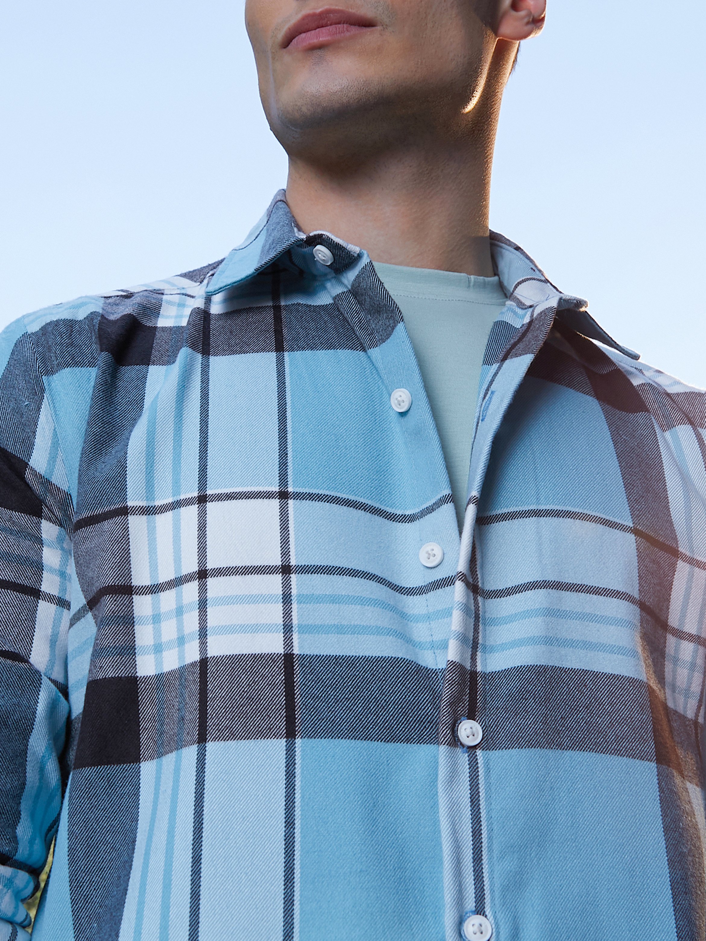 Men Sky Blue Plaid Relaxed Shirt
