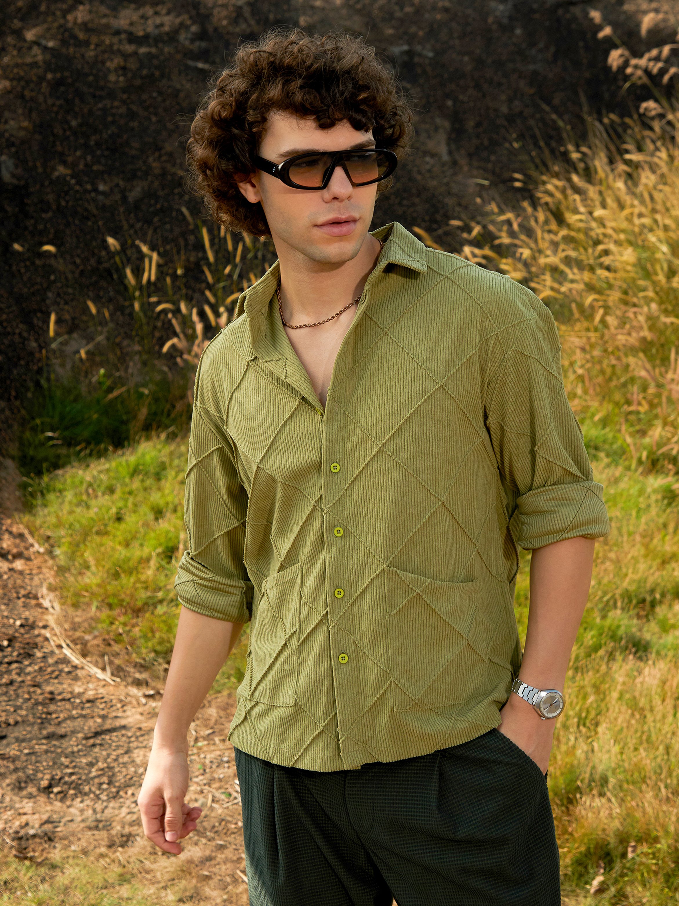 Men Pistachio Green Corduroy Shirt