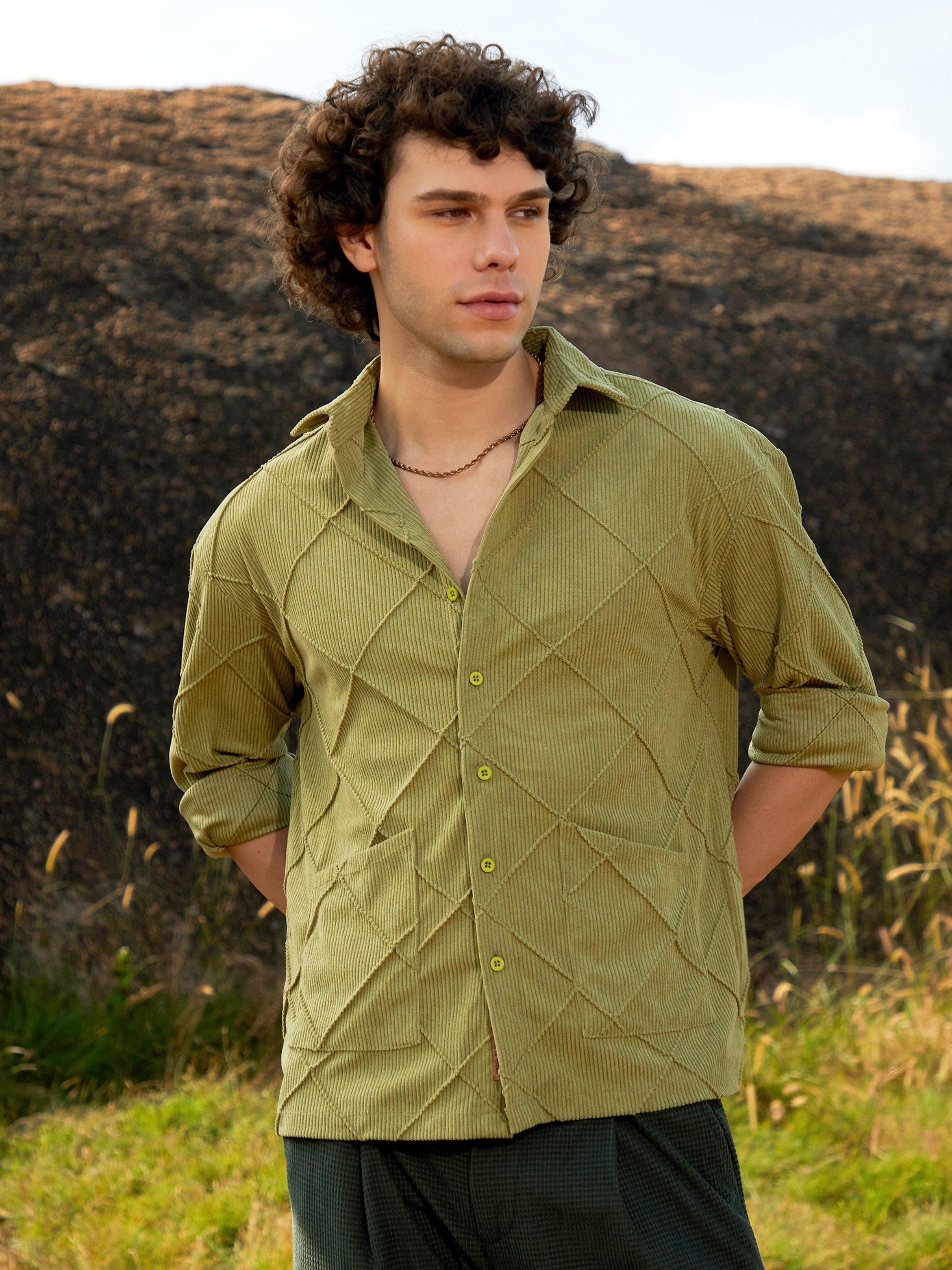 Men Pistachio Green Corduroy Shirt