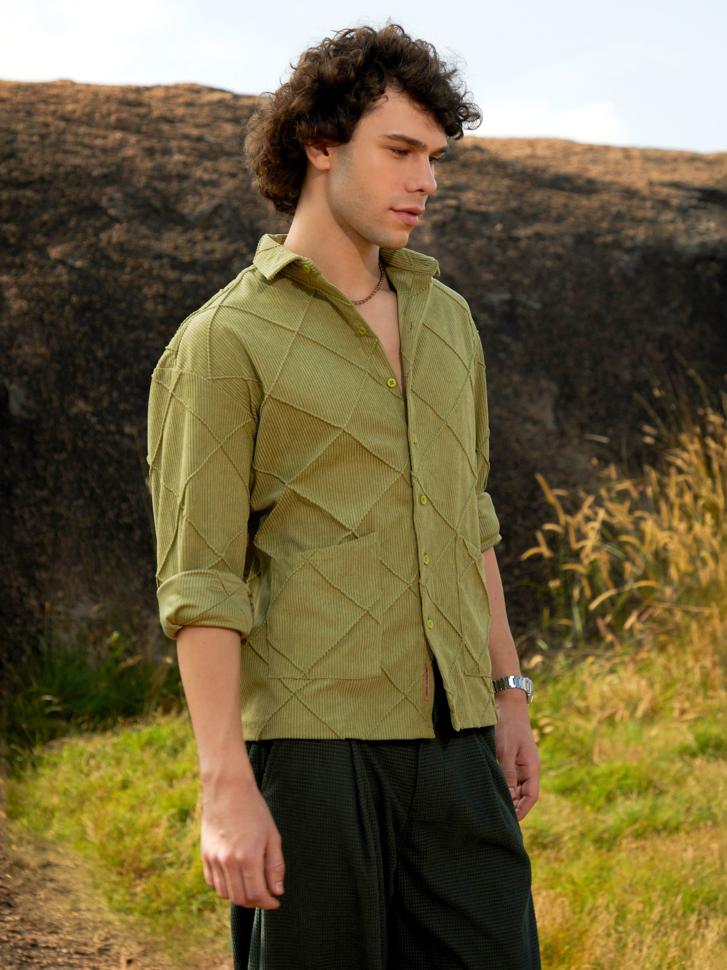 Men Pistachio Green Corduroy Shirt