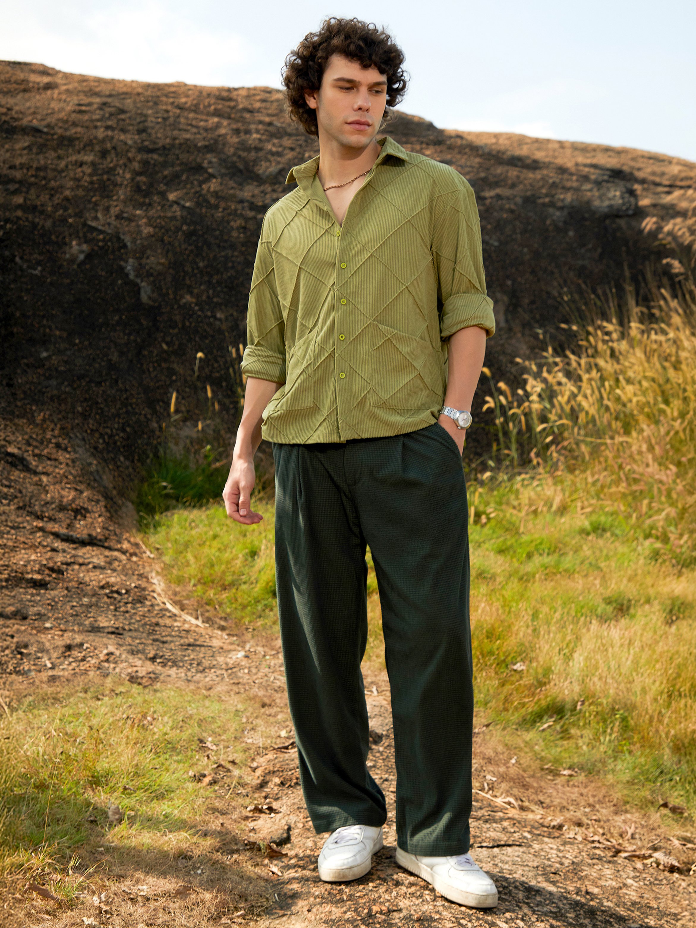 Men Pistachio Green Corduroy Shirt