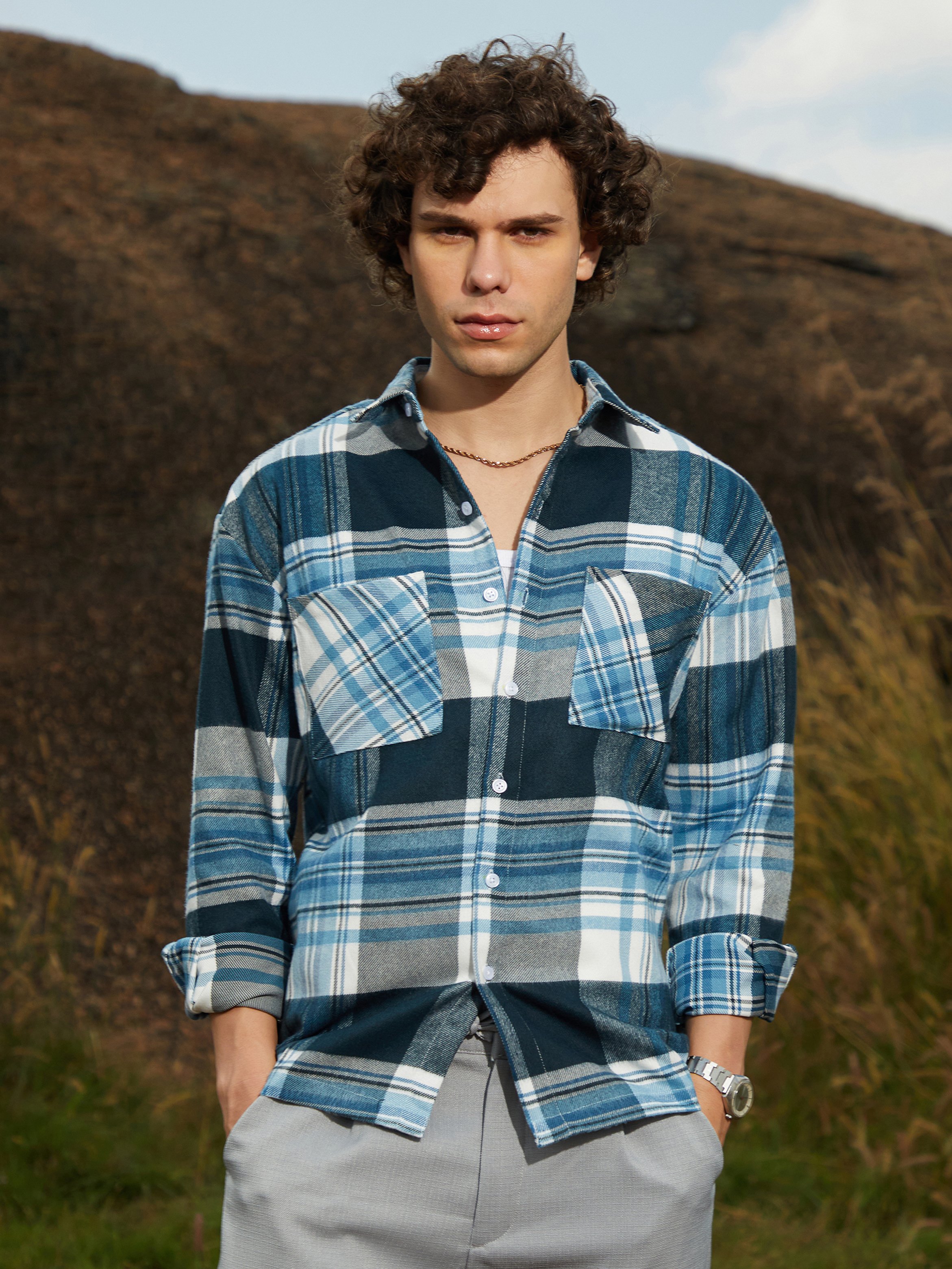 Men Prussian Blue Tartan Utility Shacket