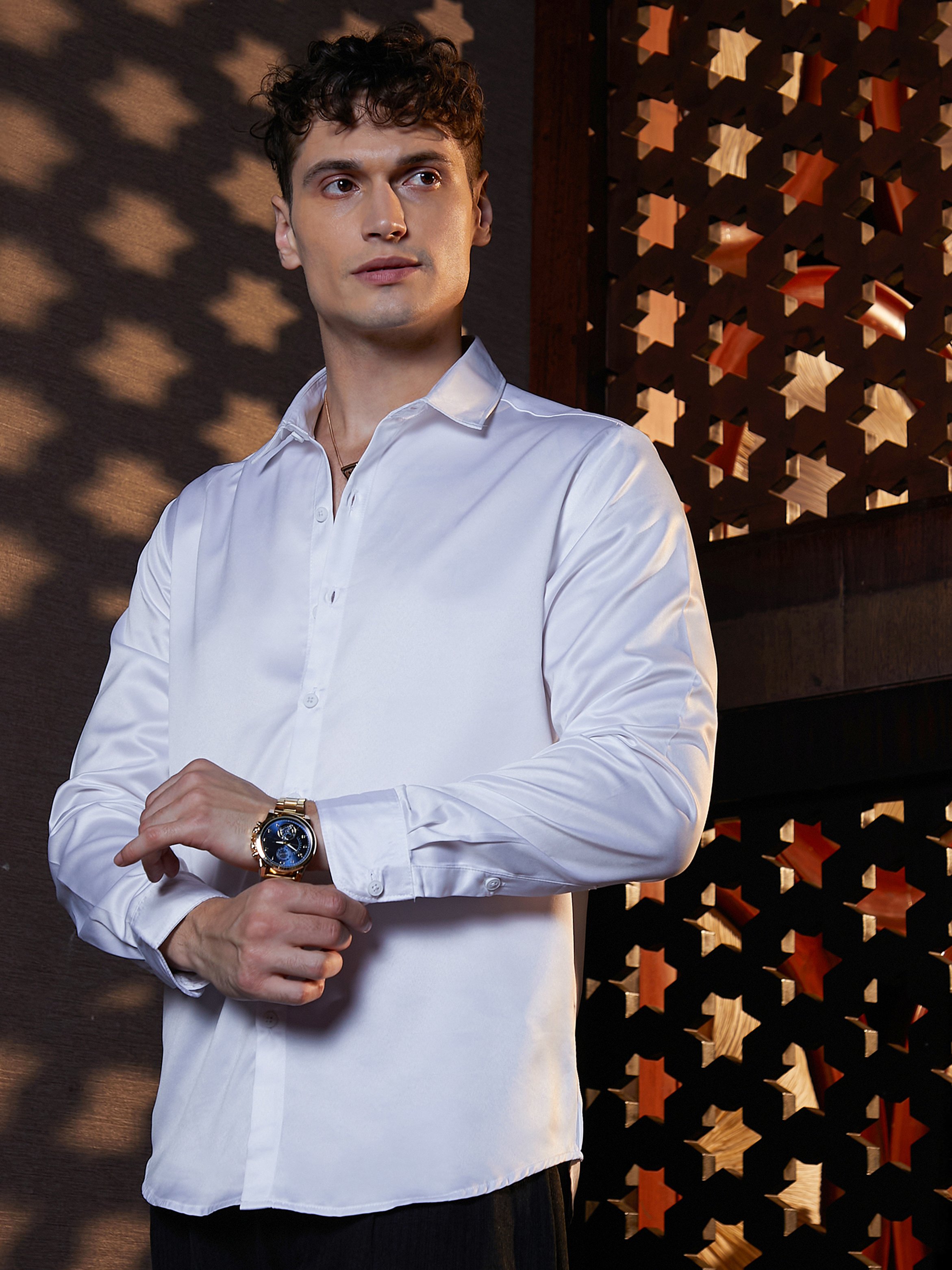 Men White Satin Solid Shirt
