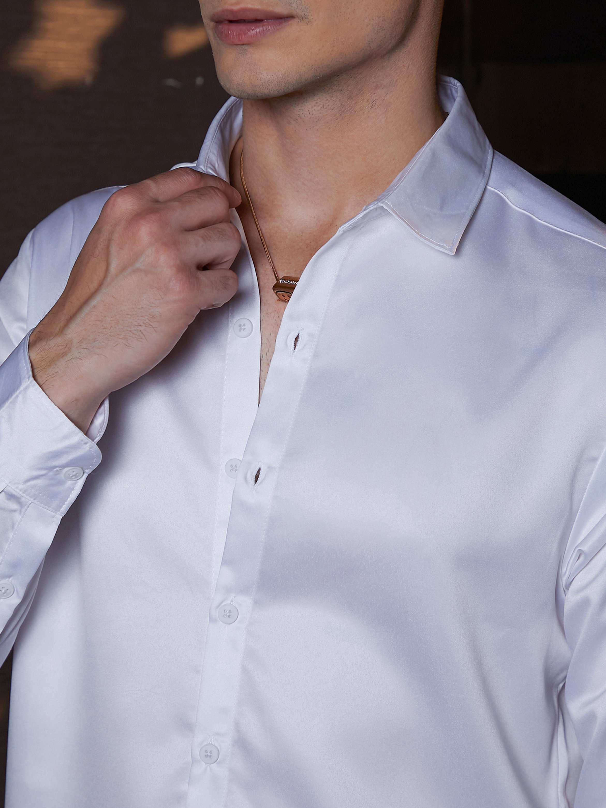 Men White Satin Solid Shirt