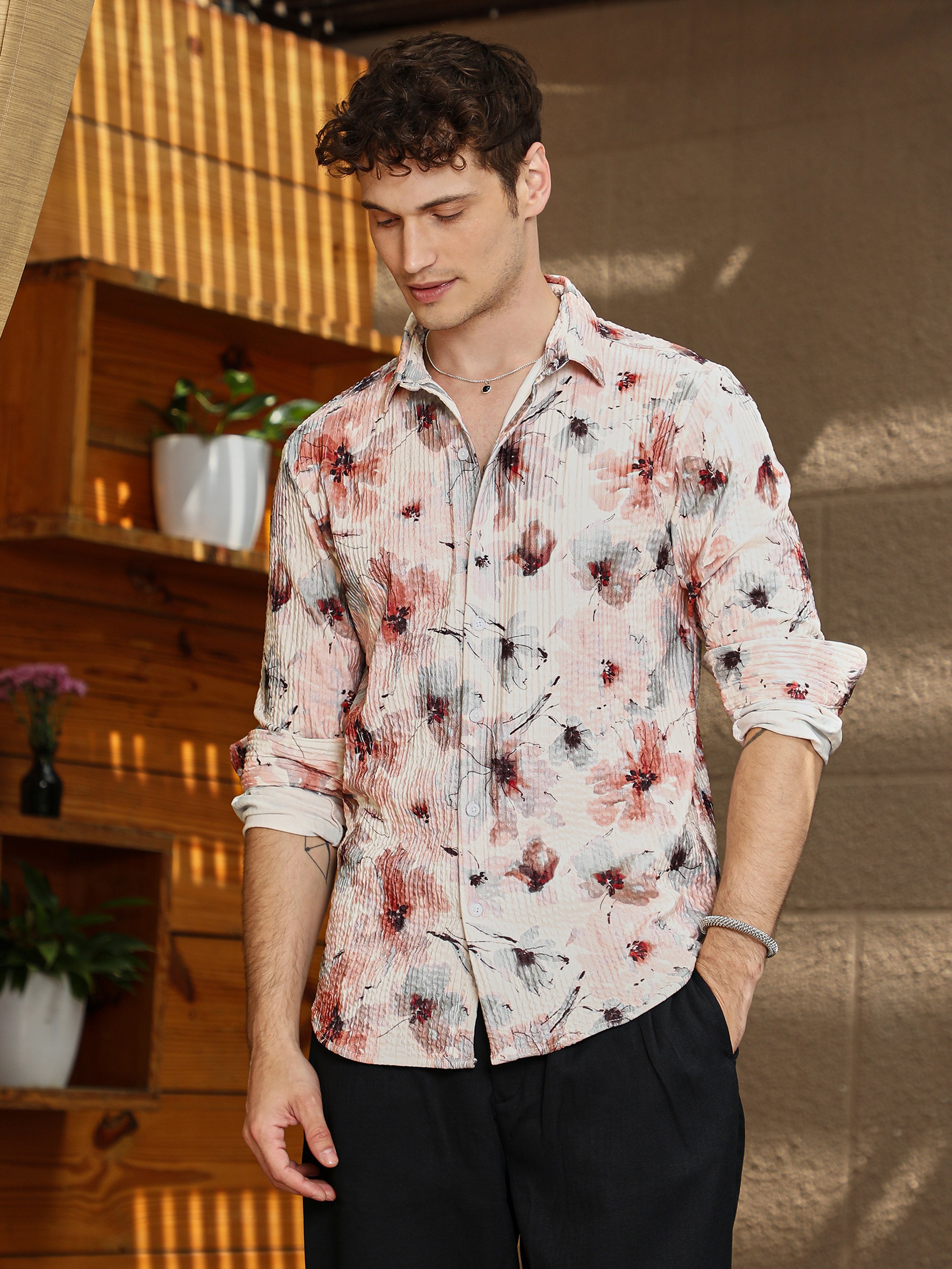 Men Off-White Terracotta Brown Stained-Flora Shirt
